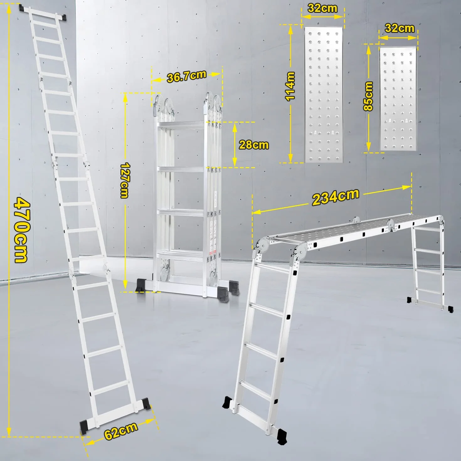 Herrselsam Scala multiuso 4 x 4, 7 in 1, 470 cm, in alluminio, con 2 piattaforme e ruote, portata massima 150 kg, scala multifunzione 16 pioli (DY8972-M-1x)