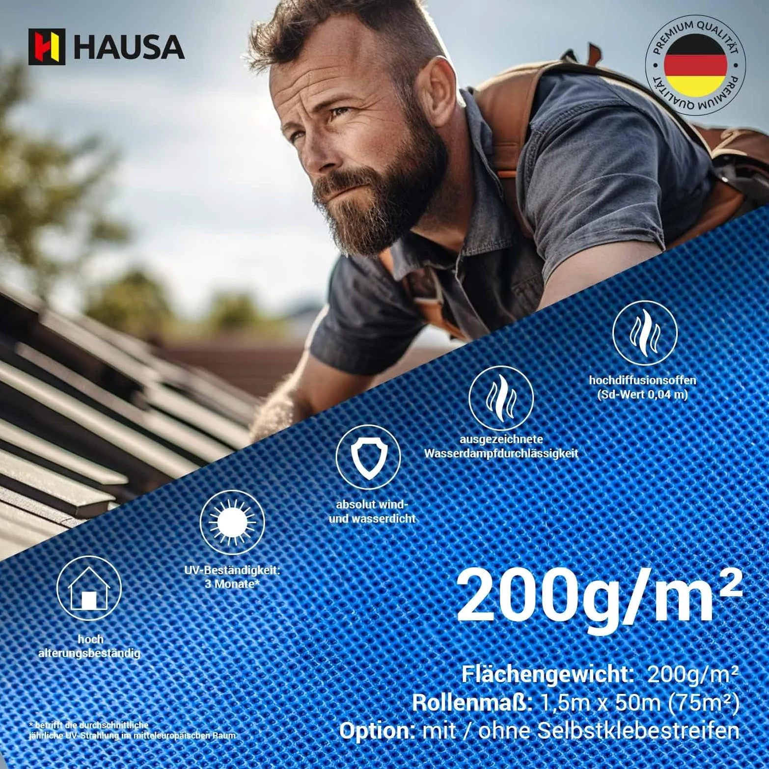 HAUSA Titanium HU200 - Membrana sottotetto, 200 g/m², 75 m² (1,5 m x 50 m), altamente permeabile, impermeabile, resistente alle intemperie e all'invecchiamento, antistrappo, senza strisce adesive