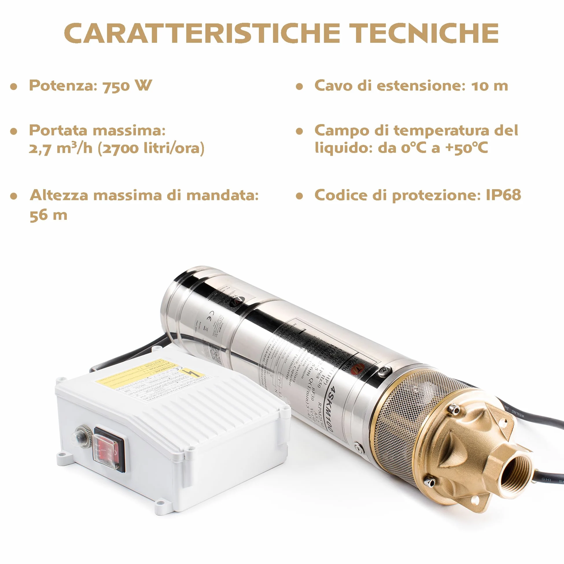 TIGMIG Pompa Sommersa Per Pozzi 750 W, 10m, Portata Max 2700 litri/h, Acciaio Inox 304, Protezione IP68, Pompa Immersione Sommergibile, Pozzi Profondi, Terreni Agricoli, Irrigazione, Drenaggio Cantine