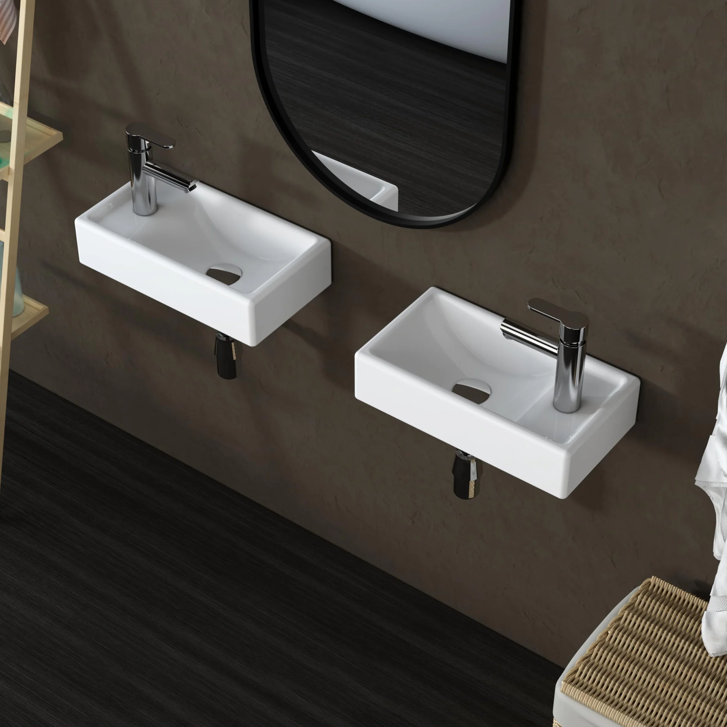 MEJE Mini lavabo, 41 x 23 x 10 cm, lavabo per montaggio a parete, in ceramica, piccolo, foro per rubinetto a destra, con rubinetto e kit di drenaggio