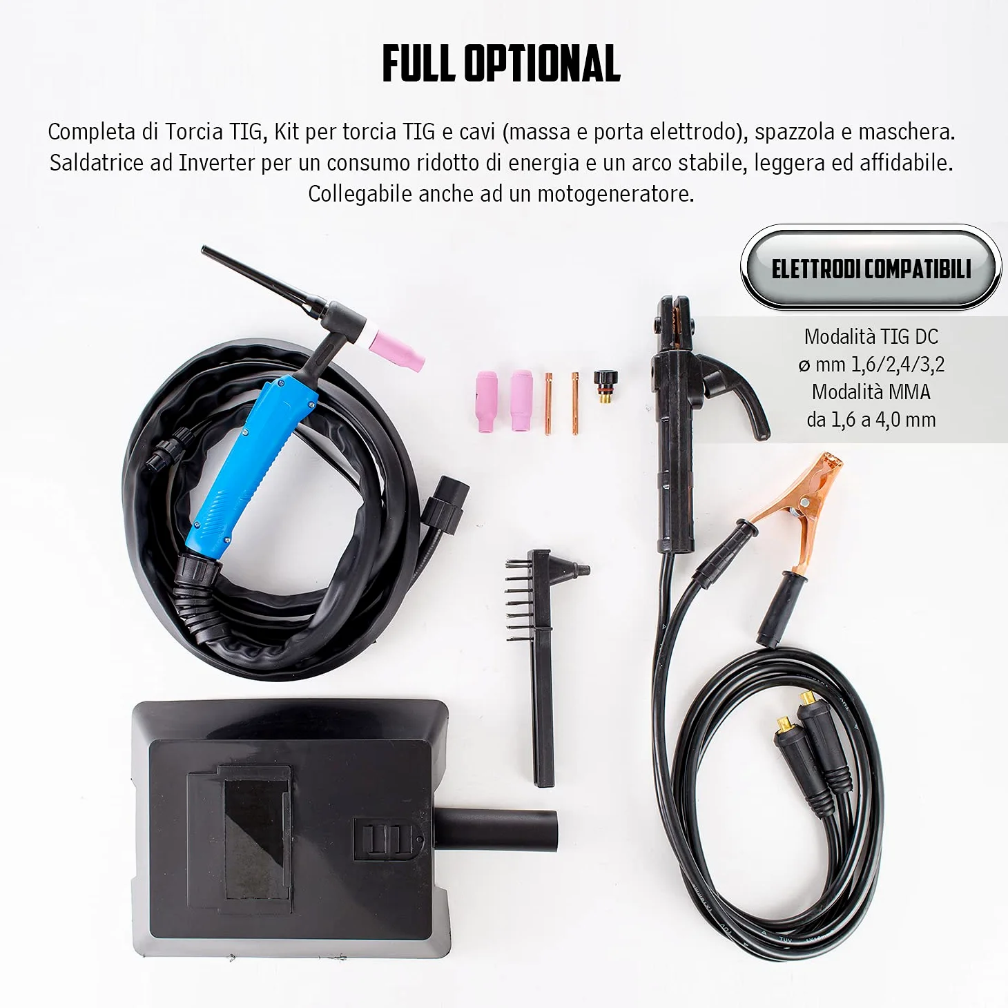 TIGMIG Saldatrice inverter DC TIG e MMA (Elettrodo), Mod. TM 200 HF, Innesco Alta Frequenza, 200 Amp, Con Accessori, Funzioni Hot Start, Arc Force, Anti-sticking in modalità MMA, Portatile, Compatta