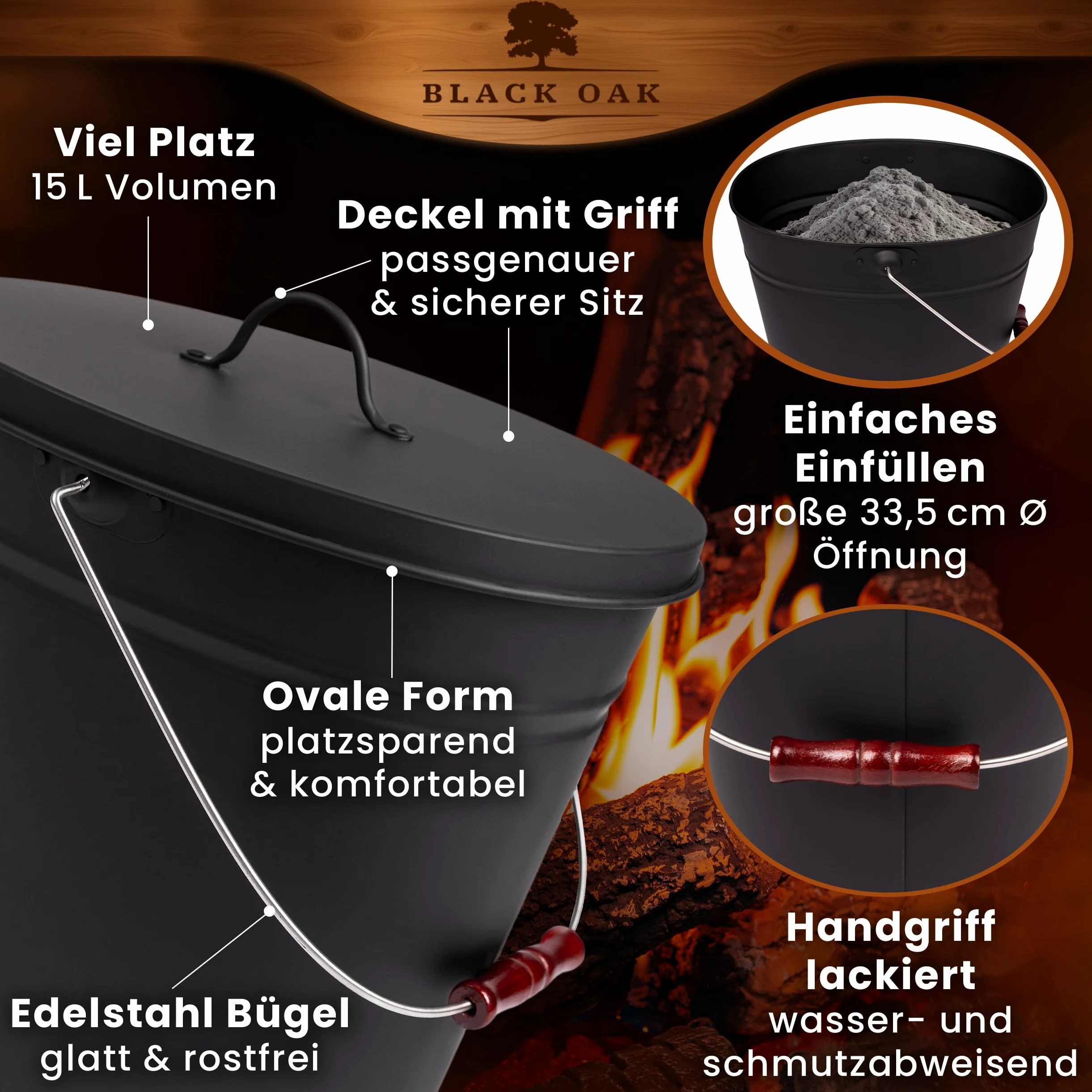 BLACK OAK Secchio per cenere Vesuvio 15L – nero ovale con coperchio - grande 15 litri - in acciaio resistente al fuoco zincato e verniciato a polvere, ideale per cenere e carbone, accessorio perfetto