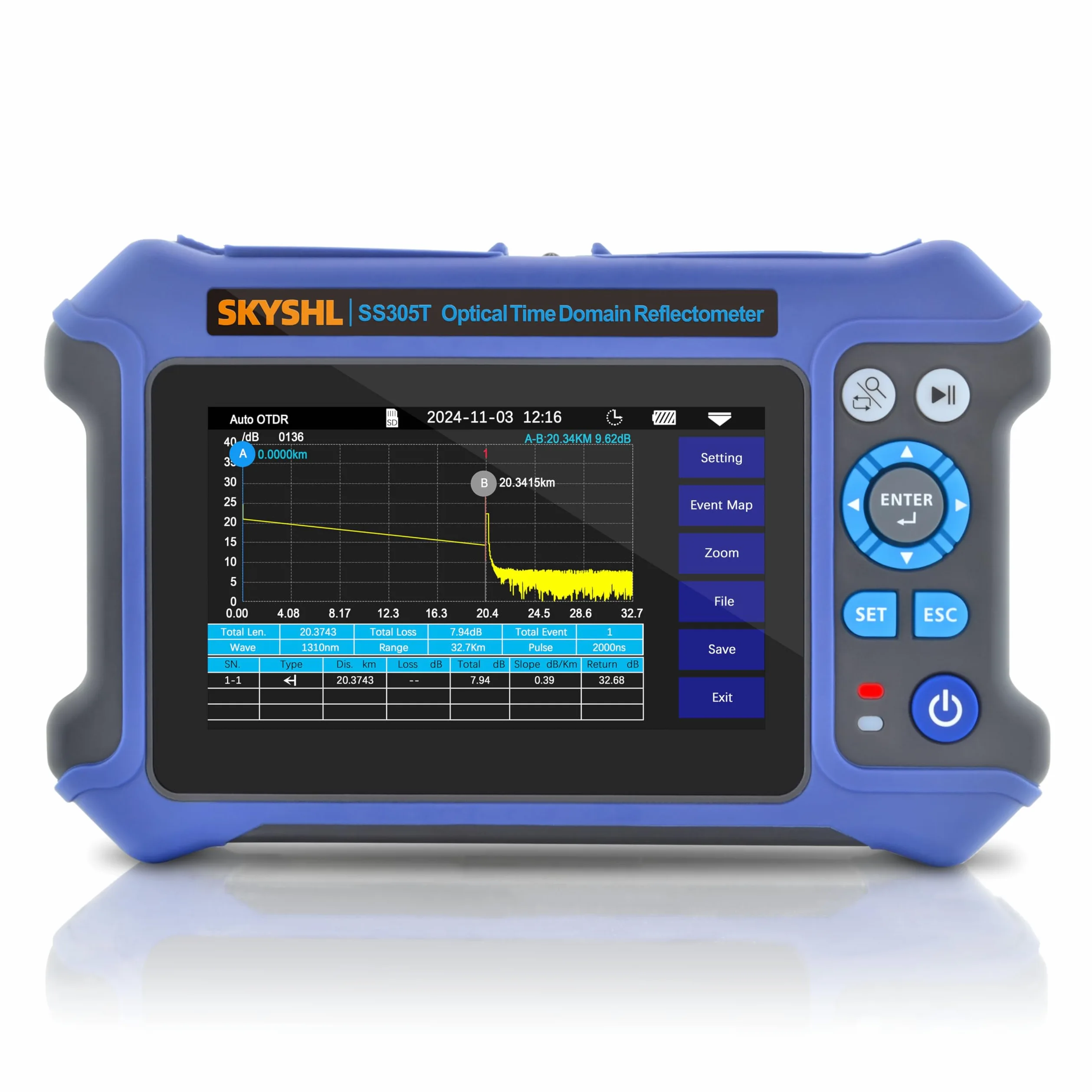 1310nm/28dB+1550nm/26dB SM Fibra OTDR Tester con OPM+10G OPM+OLS+VFL+Mappa degli Eventi+Tester di perdita+Test Multifibre+Test RJ45 con APC&UPC SC+FC+ST+LC-SS305T-2A1