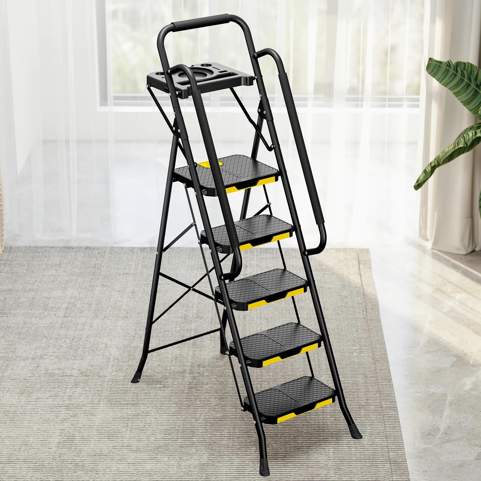 KINGRACK Scaletta 5 Gradini, Scala Pieghevole con Vaschetta Portaoggetti e Corrimano di Sicurezza, Scala Domestica in acciaio con Pedale Largo Antiscivolo, per casa, cucina, dispensa, armadi, ufficio