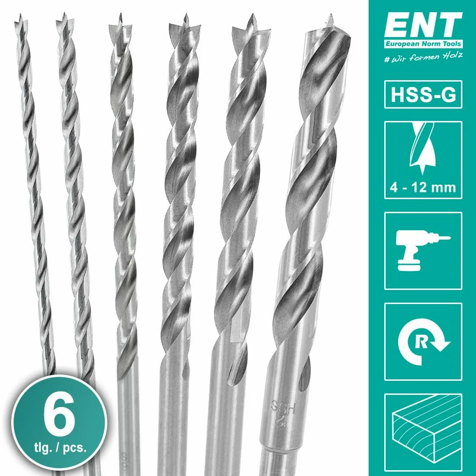 ENT 09256 Set di 6 punte per legno Ø 4, 5, 6, 8, 10 e 12 mm, lungo 150 mm, NL 100 mm, punte per legno rettificate in Acciaio a taglio rapido, per legno duro e tenero, adatte per trapani a batteria
