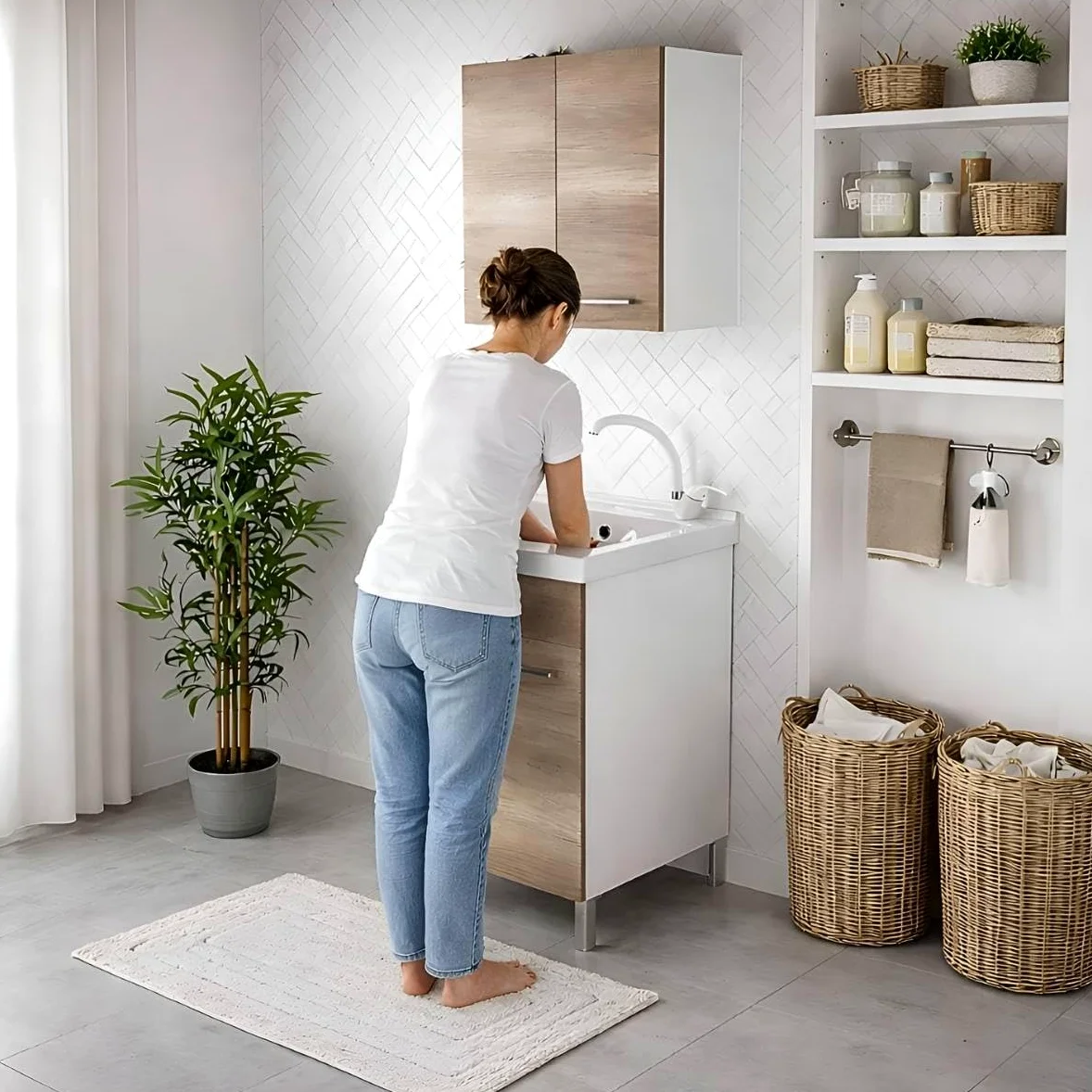 LAVATOIO PILOZZO RENO CERAMICA 60 x 50 TUTTA VASCA PER TOP O MOBILE DA INCASSO O INSTALLAZIONE CON STAFFE ANCHE IN ESTERNO INCLUSO DI PILETTA IN ACCIAIO E SIFONE (DX Foro Rubinetteria)