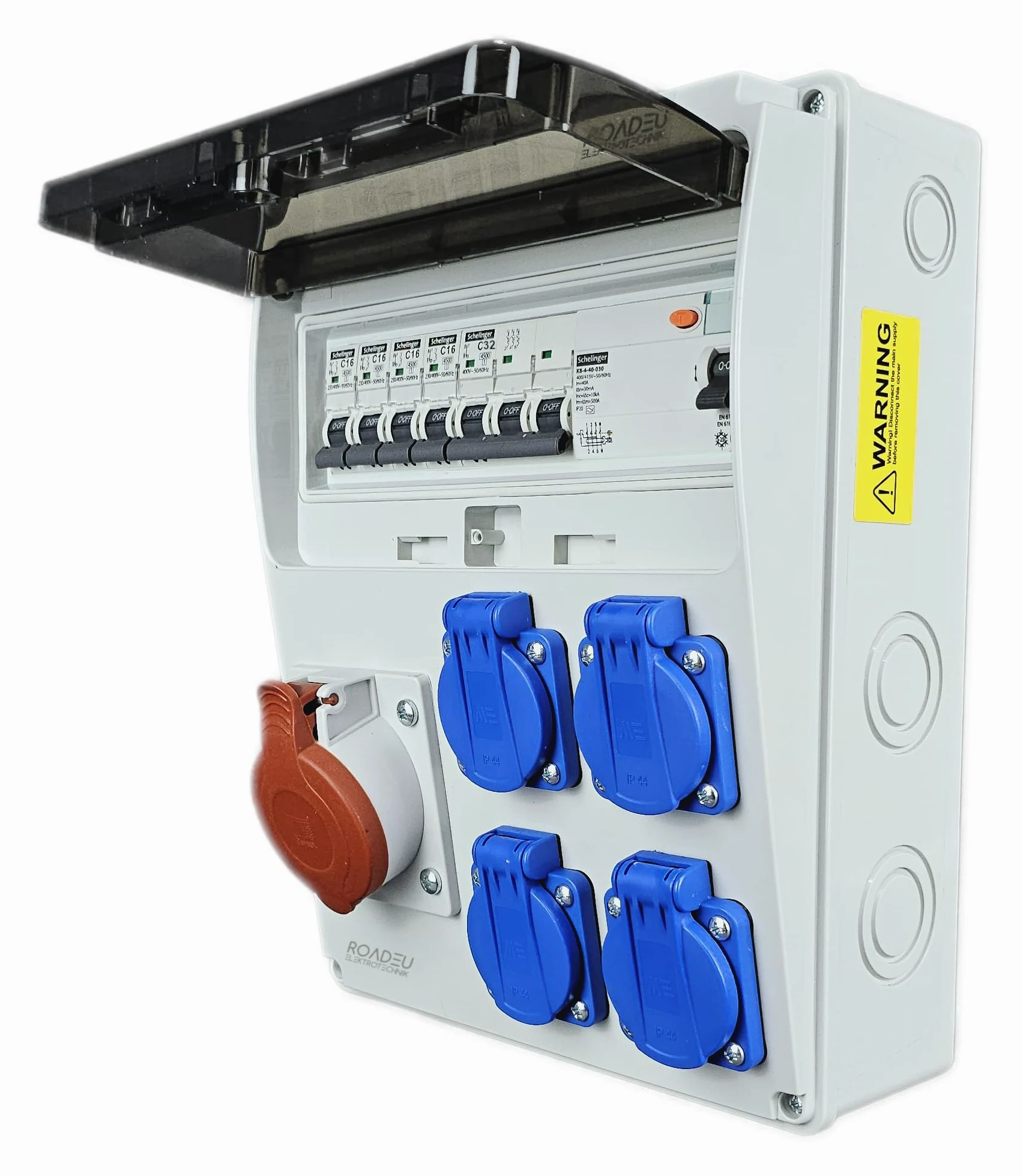 RoadEu- Quadro Elettrico di Distribuzione Industriale, presa CEE 32A con 4 prese Schuko da 230 V. Distributore di presa con interruttore di corrente residuale e interruttore automatico