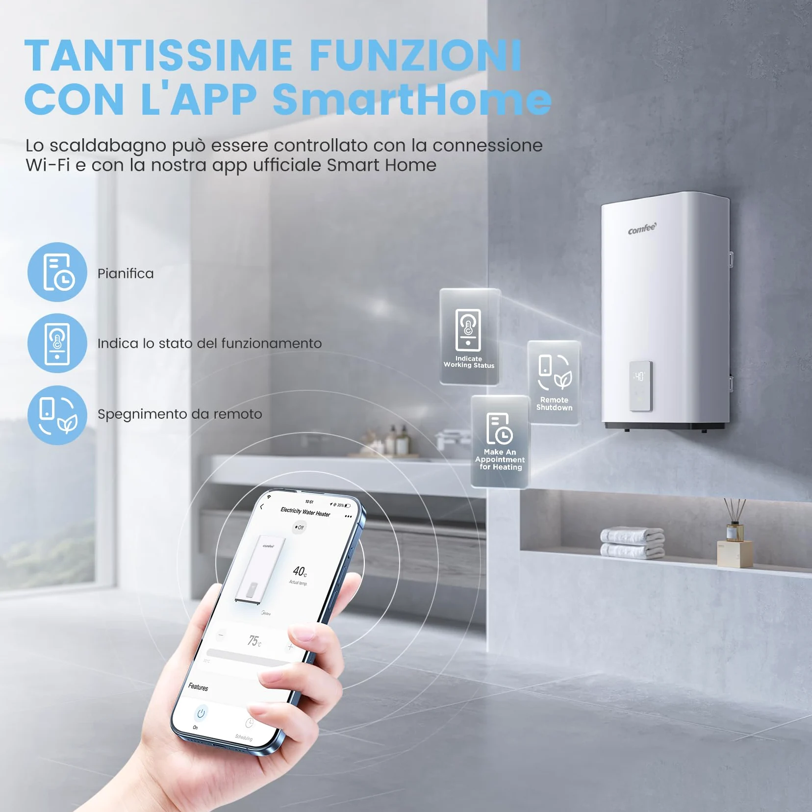 Comfee CWH15ED1380EUW 74L Electric Wall Mounted Heater with Under Sink Space, Compact and Easy to Install, Wi-Fi Connection, App Remote Control, White [Energy Class B]