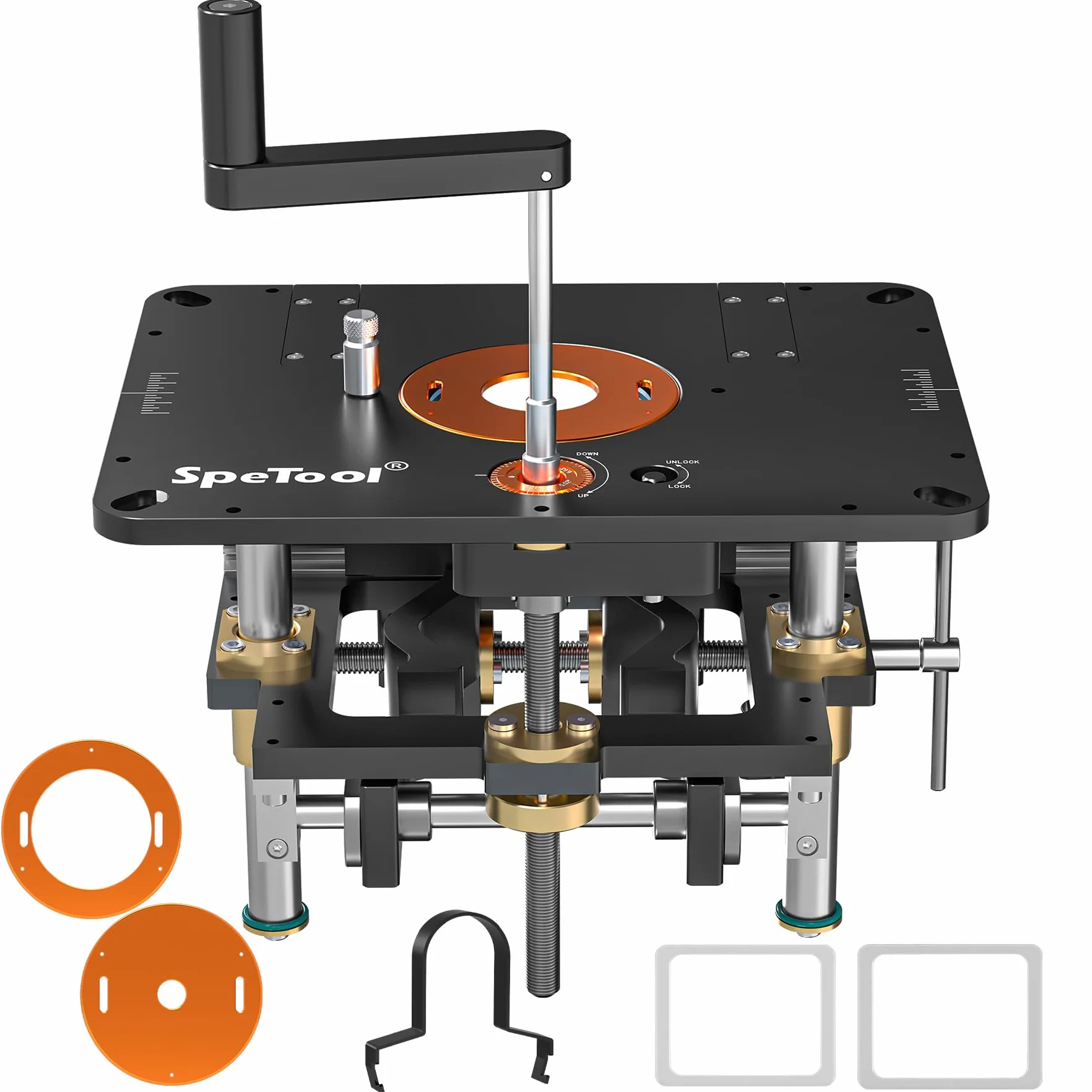 SpeTool Sollevatore per fresatura superiore con diametro da 65 mm a 107 mm, sollevatore superiore in alluminio con stencil fai da te e 3 anelli magnetici, 9-1/4" x 11-3/4" per la lavorazione del legno