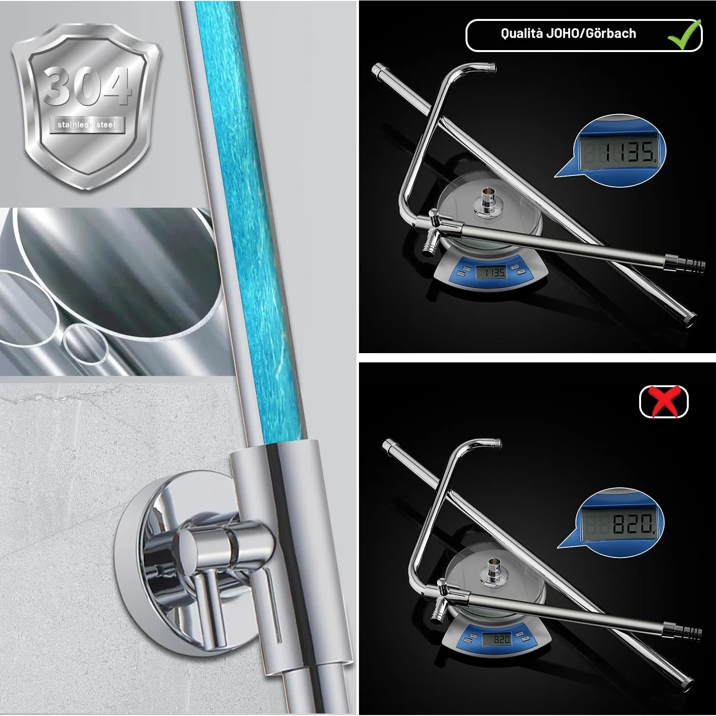 Görbach Colonna Doccia senza Miscelatore, Colonna Doccia Acciaio Inox con Saliscendi Doccia Altezza Regolabile 74-114cm, Set Doccia a Pioggia con Doccetta e Mensola, Soffione 30x30cm, Cromo