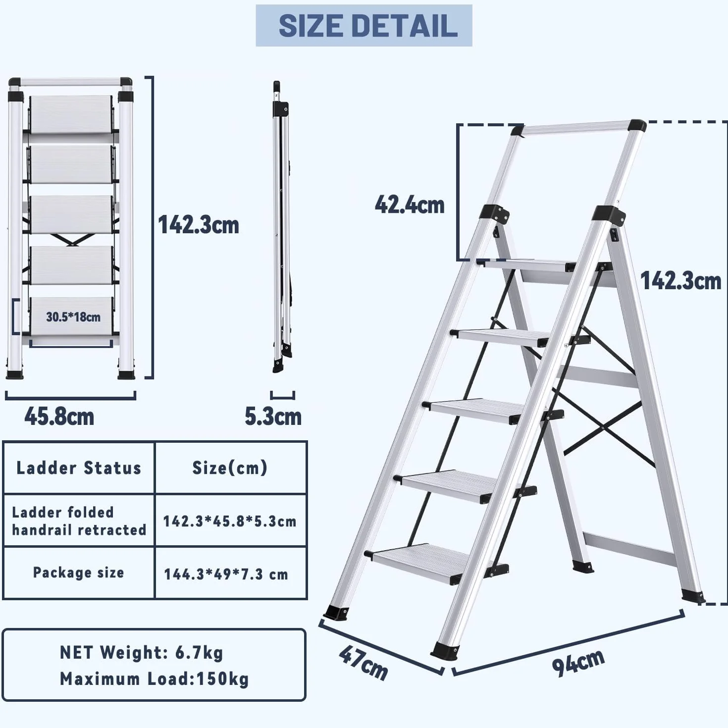 XinSunho Scala Alluminio 5 Gradini, Scaletta Pieghevole con Vaschetta Portaoggetti e Corrimano Estraibile, Scaletta 5 Gradini Antiscivolo, Per Uso Domestico e Lavorativo, Portata 150 kg