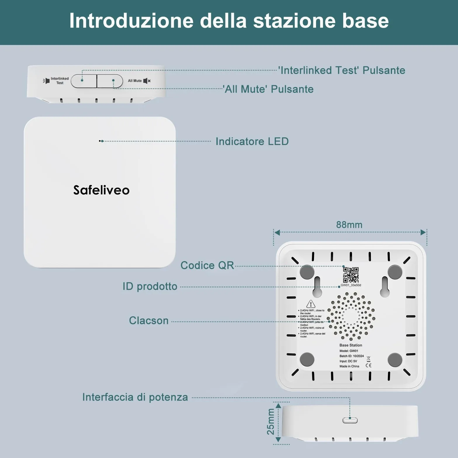 Safeliveo Rilevatore di fumo interconnesso WiFi, rilevatore di fumo con batteria da 10 anni, set da 5 con stazione base, certificato TUV Rheinland, set di allarme fumo con controllo tramite app