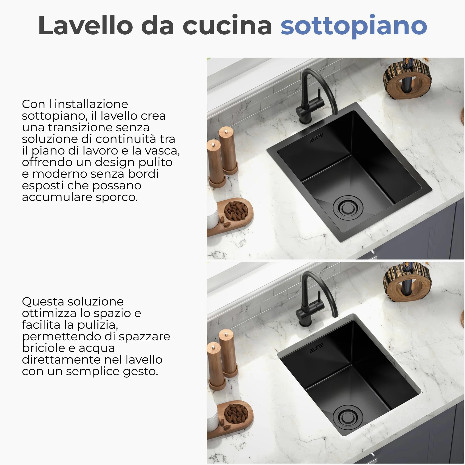 ANW HOME Lavello Cucina 1 Vasca Lavandino Cucina Acciaio Inox 304, Lavello da Incasso o Sottotop 37x45 cm Grafite PVD, Rivestimento Nano, Spessore 3,0+1 mm, Profondità 22 cm, con Sifone