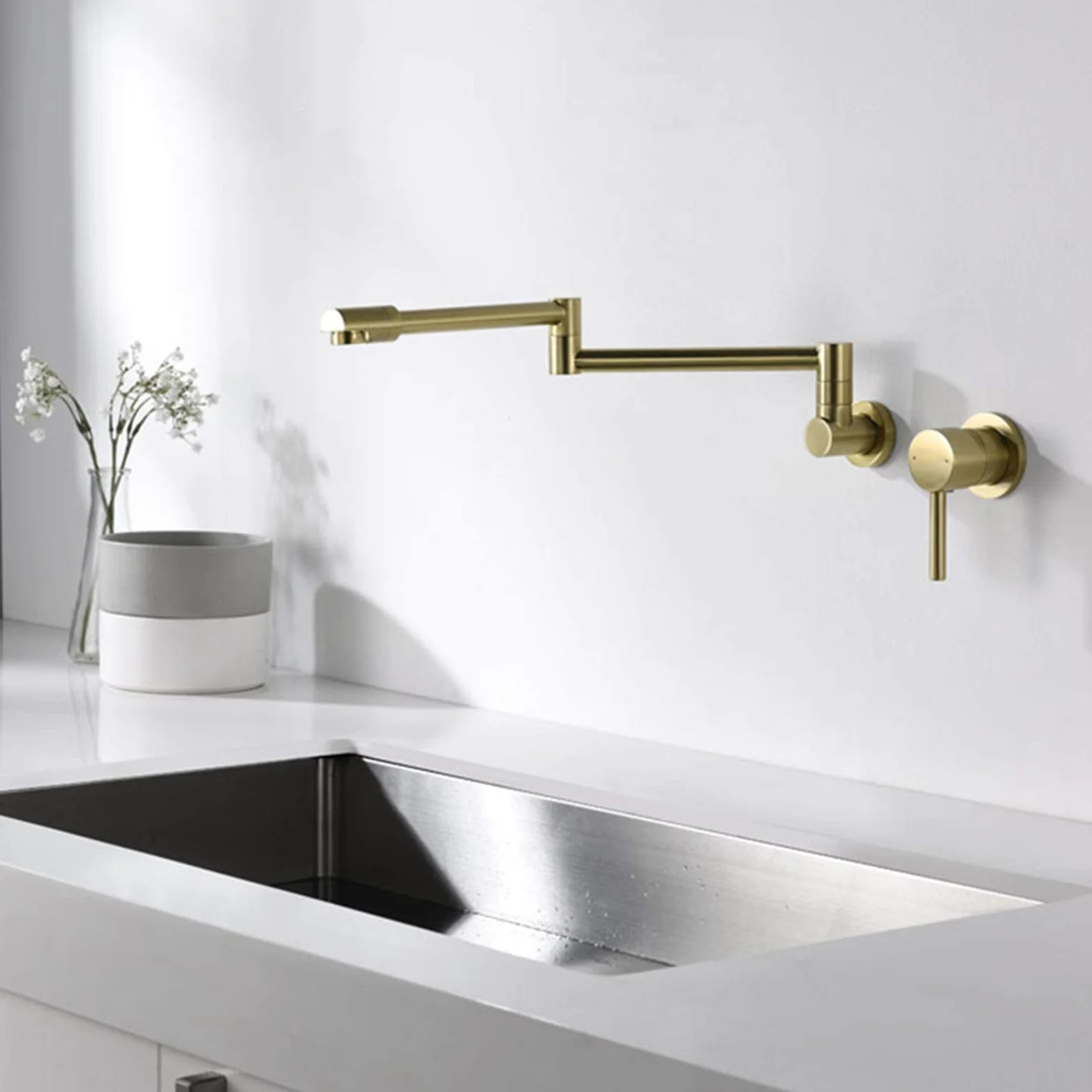 Rubinetto di riempimento per vaso a parete, design a doppio giunto snodato, rubinetto per lavello da cucina in ottone, miscelatore a due fori con maniglia singola, oro spazzolato