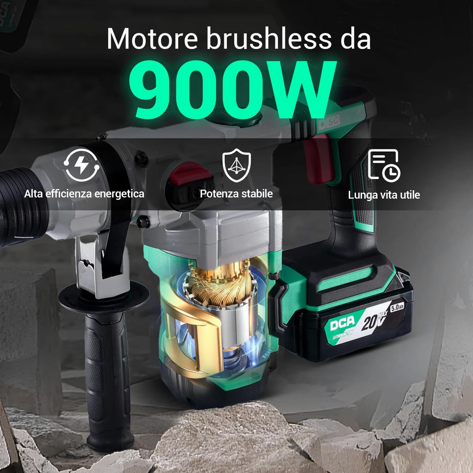 DCA Martello Perforatore a batteria 20V, 4,5 J e 3800 BPM, 4 pezzi da 28 mm SDS-Plus, trapano a Percussione ad alte prestazioni con controllo delle vibrazioni, batteria da 5,0 Ah, caricatore 4A