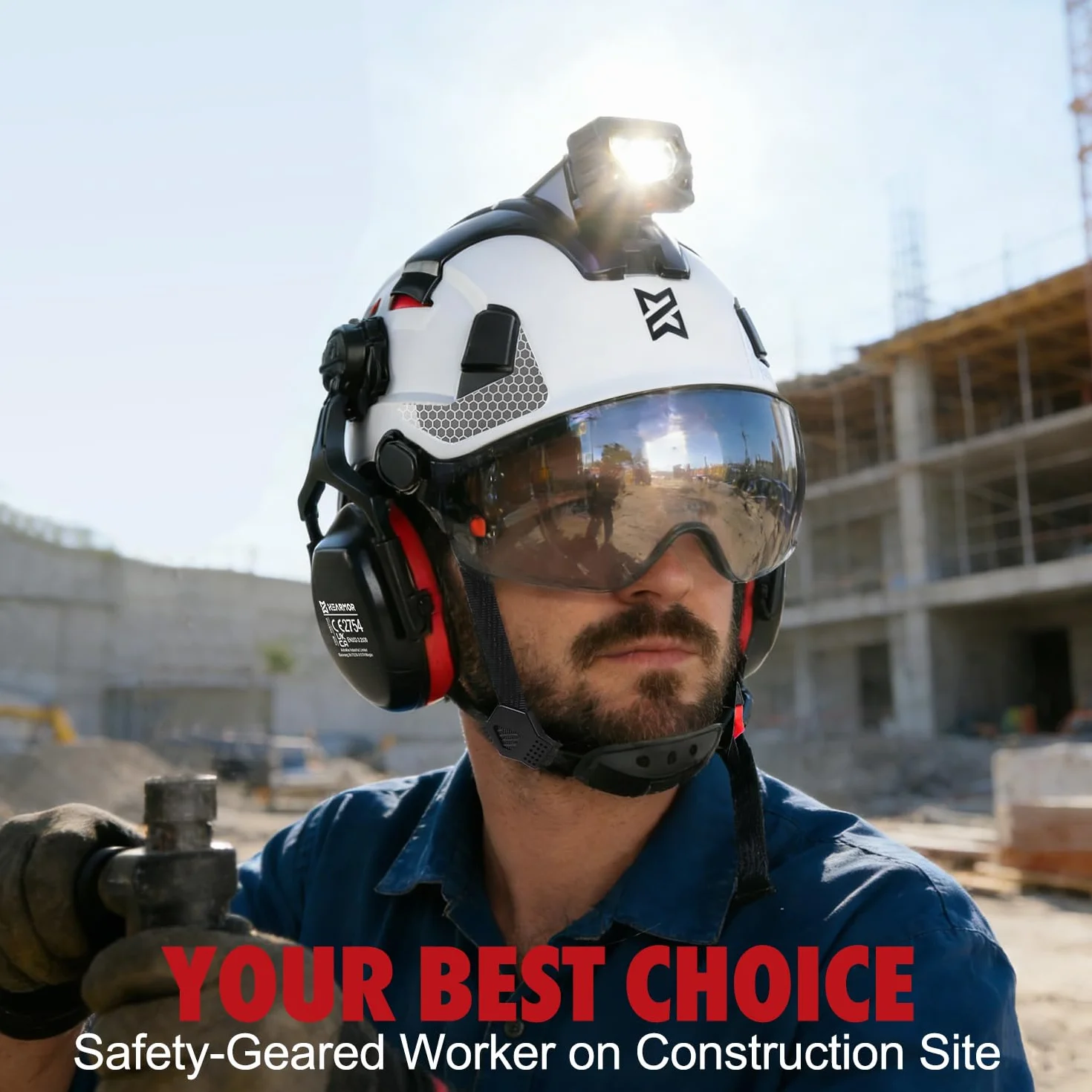 HEARMOR Voltek Casco di protezione industriale certificato CE EN397 con lampada a LED + visiera e protezione dell'udito | per lavori forestali, lavori di costruzione e arrampicata | Casco da lavoro di