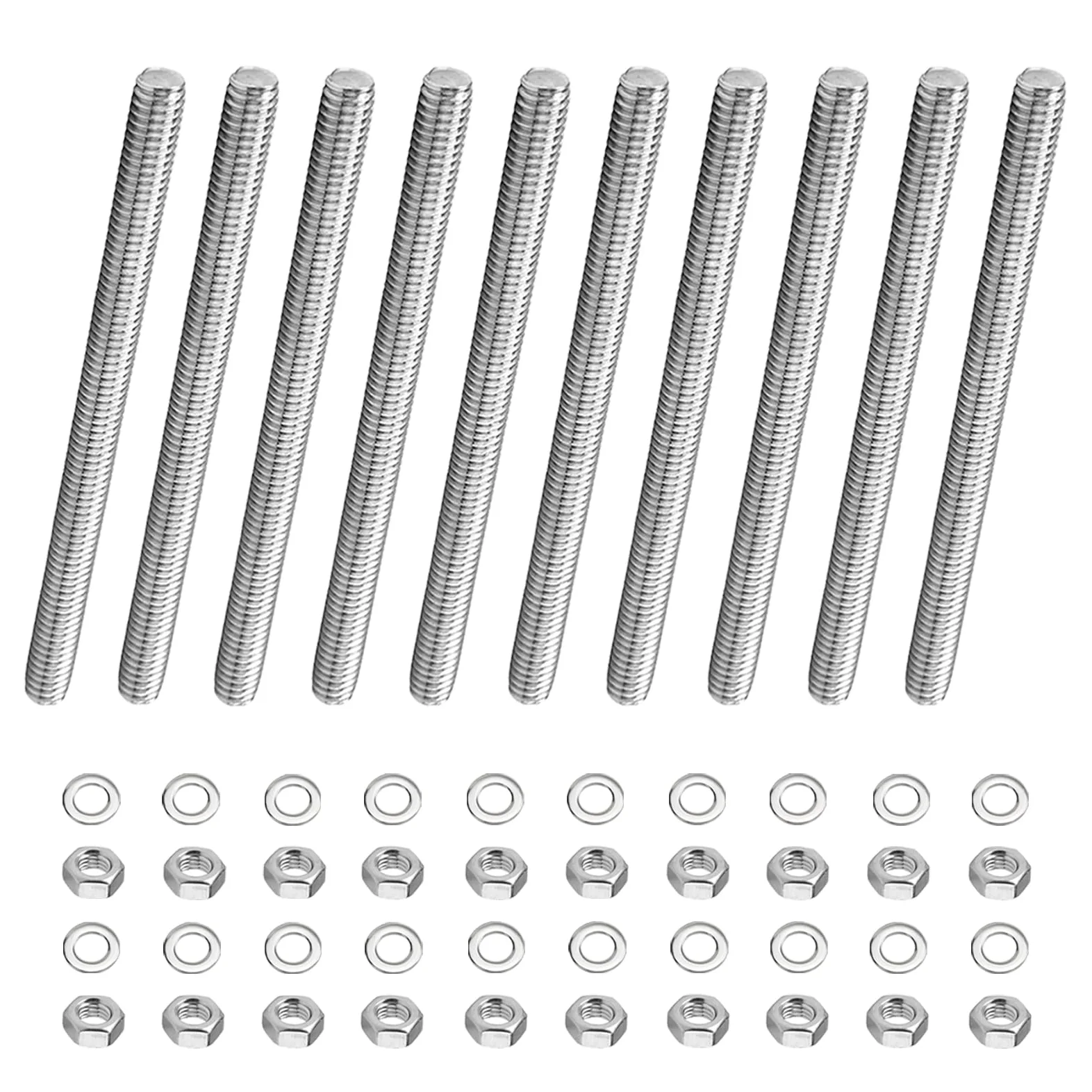 10 barre filettate M8 x 200 mm, con 20 dadi esagonali e 20 rondelle, barre filettate in acciaio inox, per costruzione di mobili, montaggio a macchina