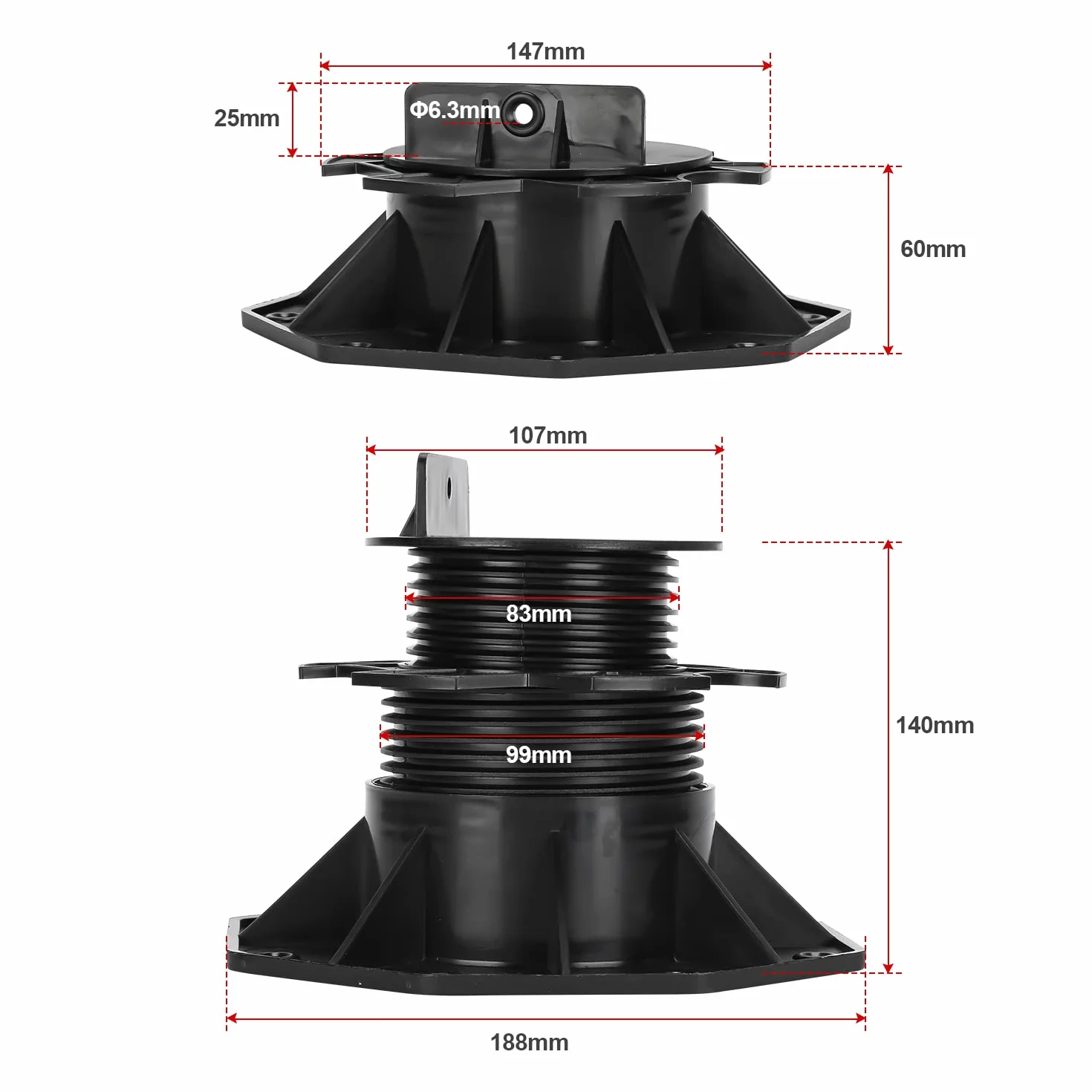 Daromigo Cuscinetto per terrazze, 50 pezzi, altezza regolabile, 60 – 140 mm, supporto per terrazze, pannelli per terrazze, sottostruttura, WPC