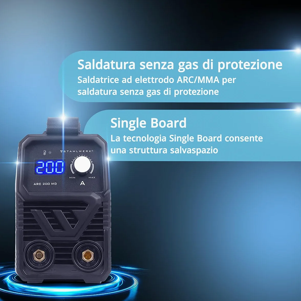 STAHLWERK Saldatrice ad elettrodo ARC 200 MD – MMA & Lift-TIG (DC) fino a 200 A, uso flessibile senza gas, compatta & leggera 3,4 kg, Smart Cooling, Hotstart automatico