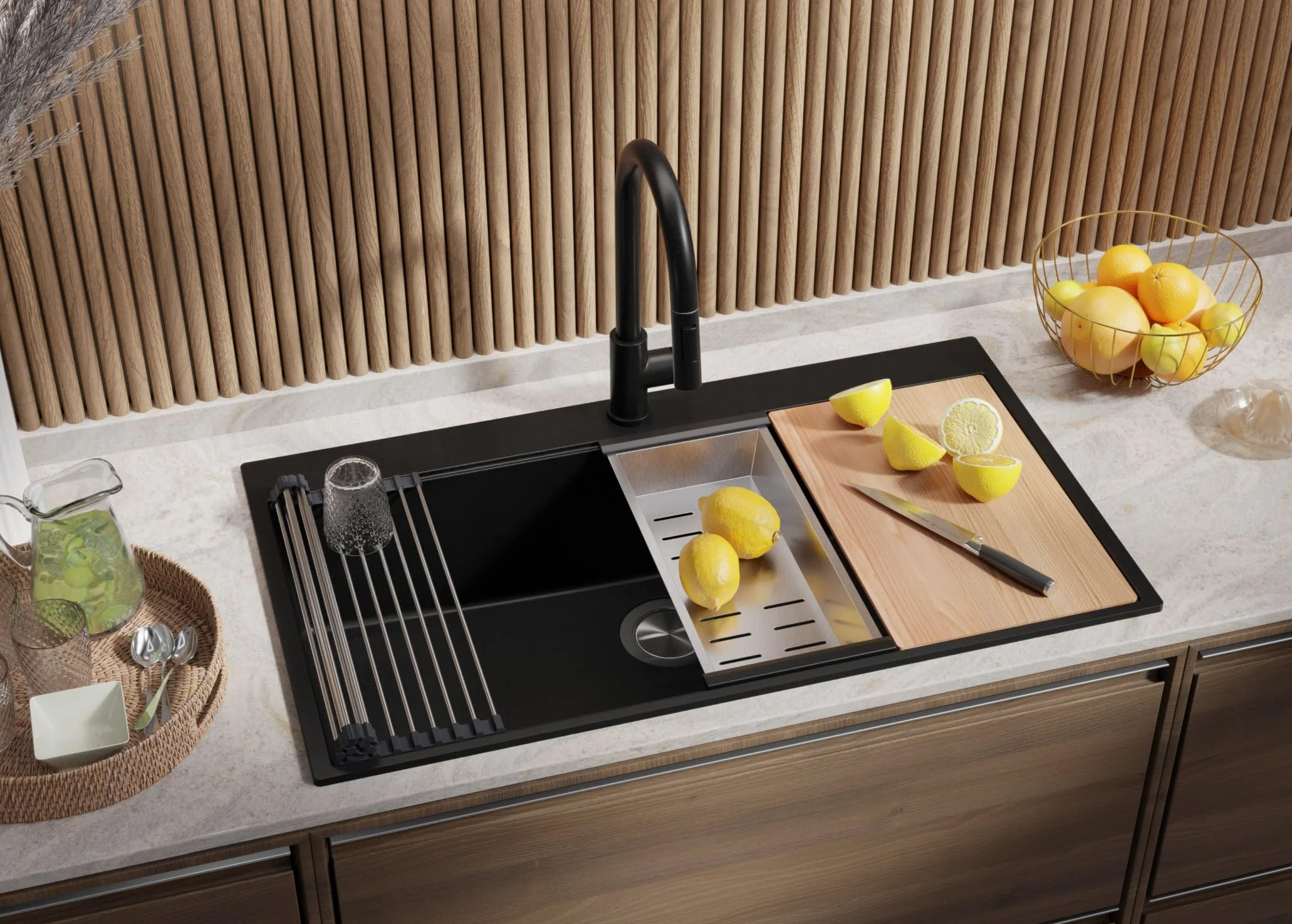 PRIMAGRAN Lavello Angolare Nero 88x50cm, Lavandino in Granito a 1 vasca + Sifone Classico + Tagliere, Lavabo da Cucina Incasso al Mobile 90cm - Oslo 90 Top S705