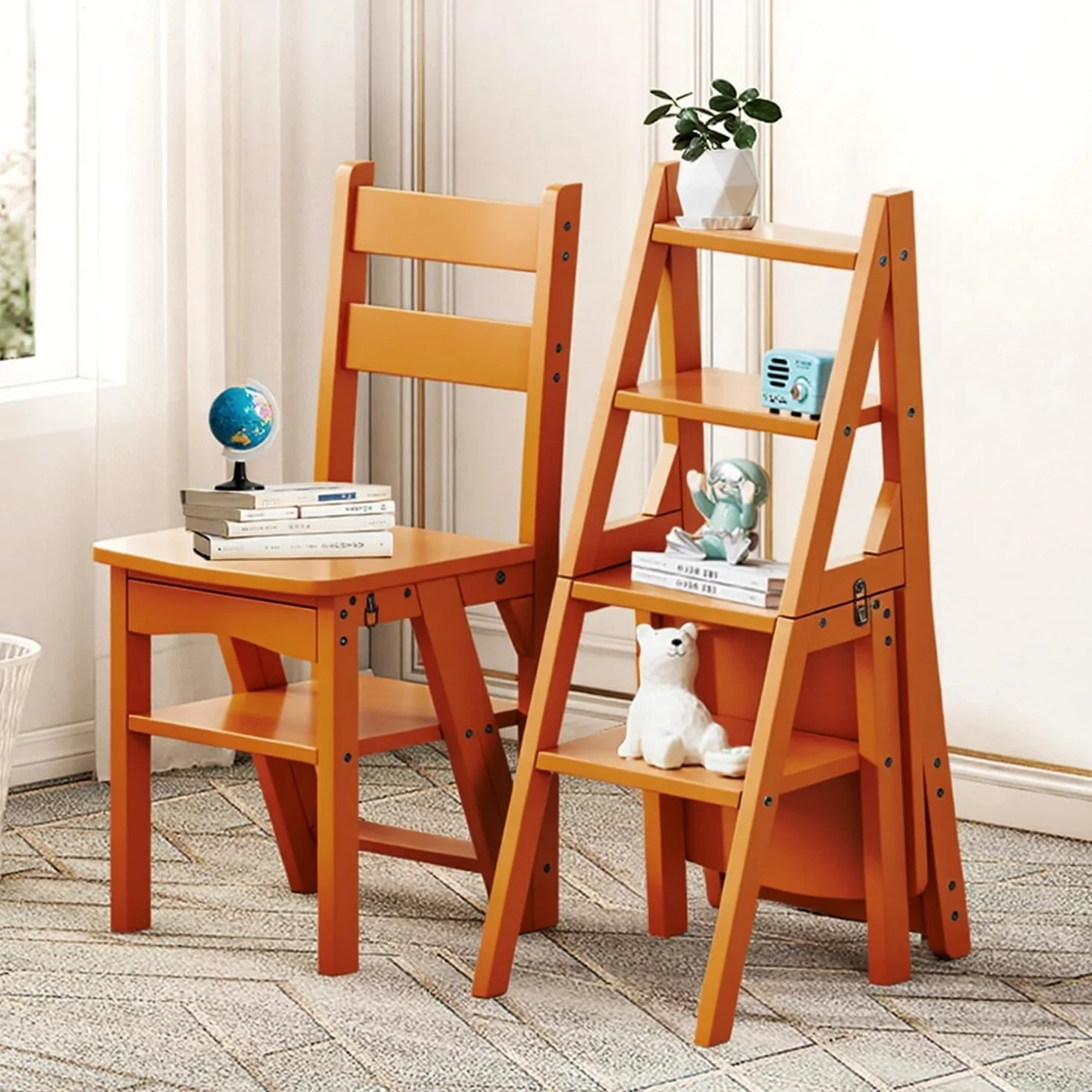 Sgabello a Scala Pieghevole 3-in-1 in Legno Massello, Sgabello Convertibile e Supporto Espositivo, Scala Multi-funzionale a 4 Ripiani, per Casa, Cucina, Biblioteca, Capacità 150kg (Marrone)