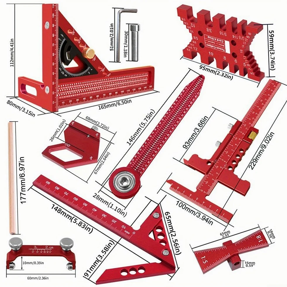 Kit di strumenti di misurazione, set di strumenti di misurazione per la lavorazione del legno con scatola di stoccaggio, righello per carpentiere, calibro per officina fai-da-te professionale (9 pezzi