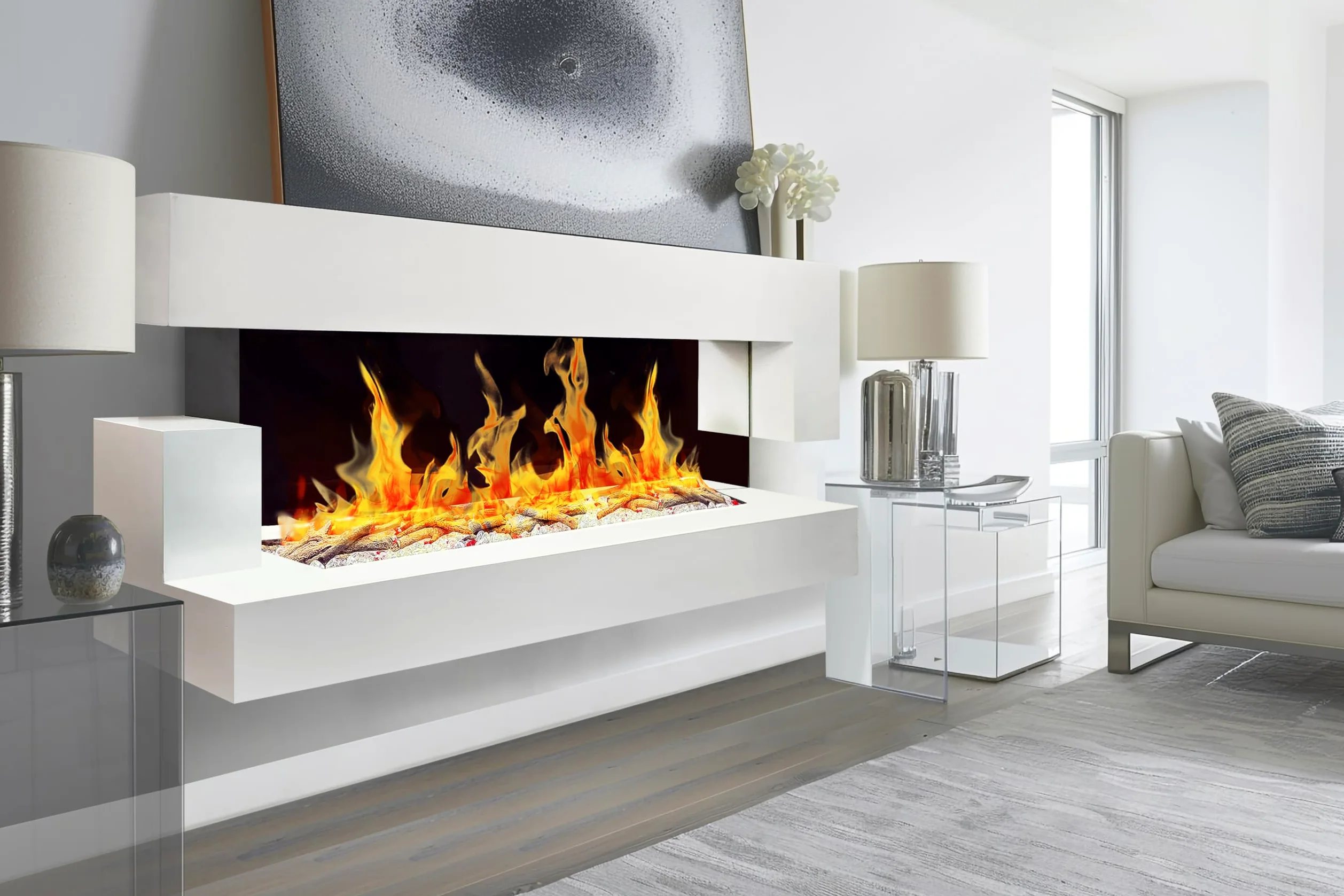 CHEMIN'ARTE Camino elettrico LED da parete Quarzt 3XL 150 cm - Bianco - Effetto fiamma LED - Telecomando, Caminetto con Timer e Controllo Automatico di Temperatura