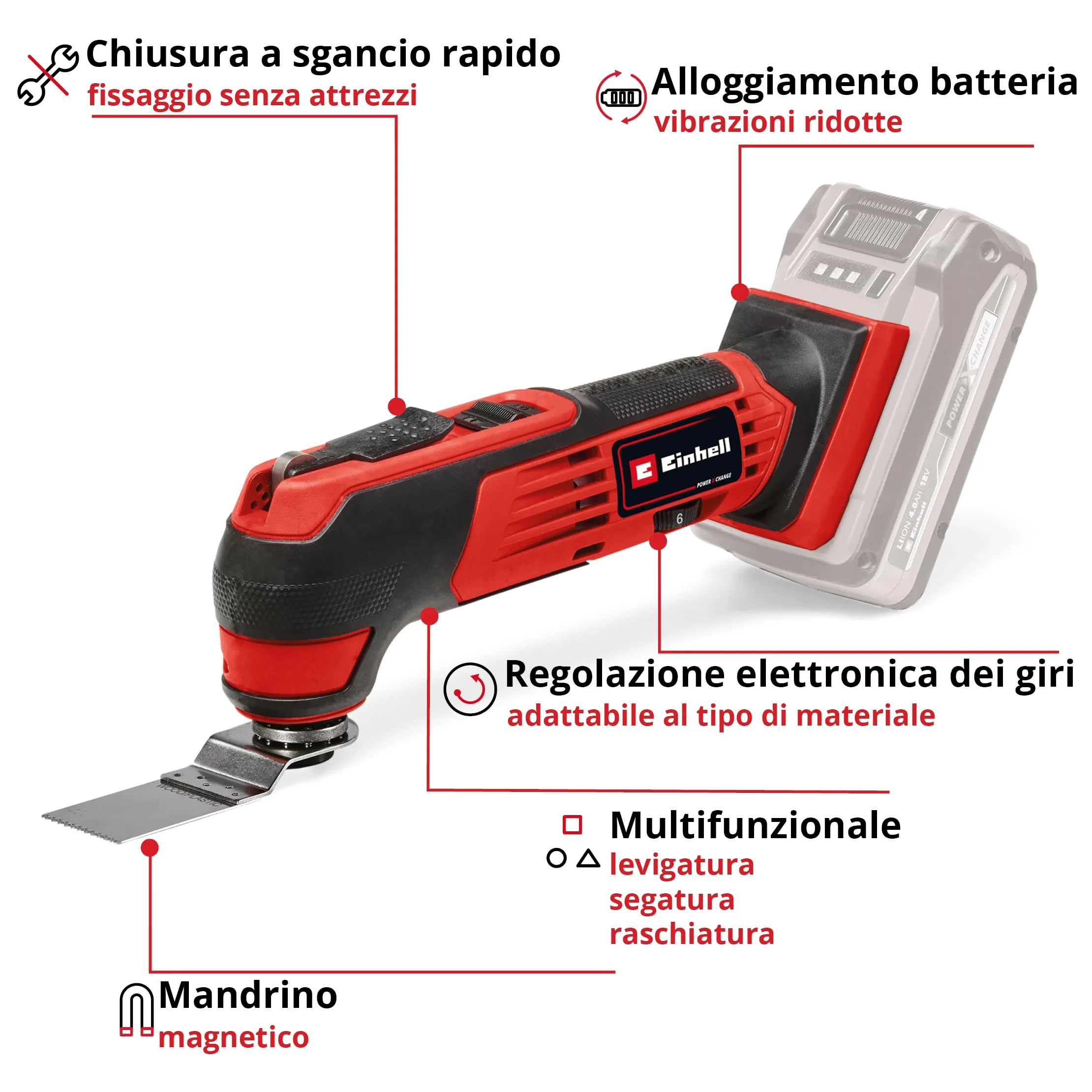 Utensile multifunzione Einhell TE-MG 18/1 Li - Solo Power X-Change (18 V, 3 funzioni, mandrino magnetico, accessorio incluso, batteria esclusa)