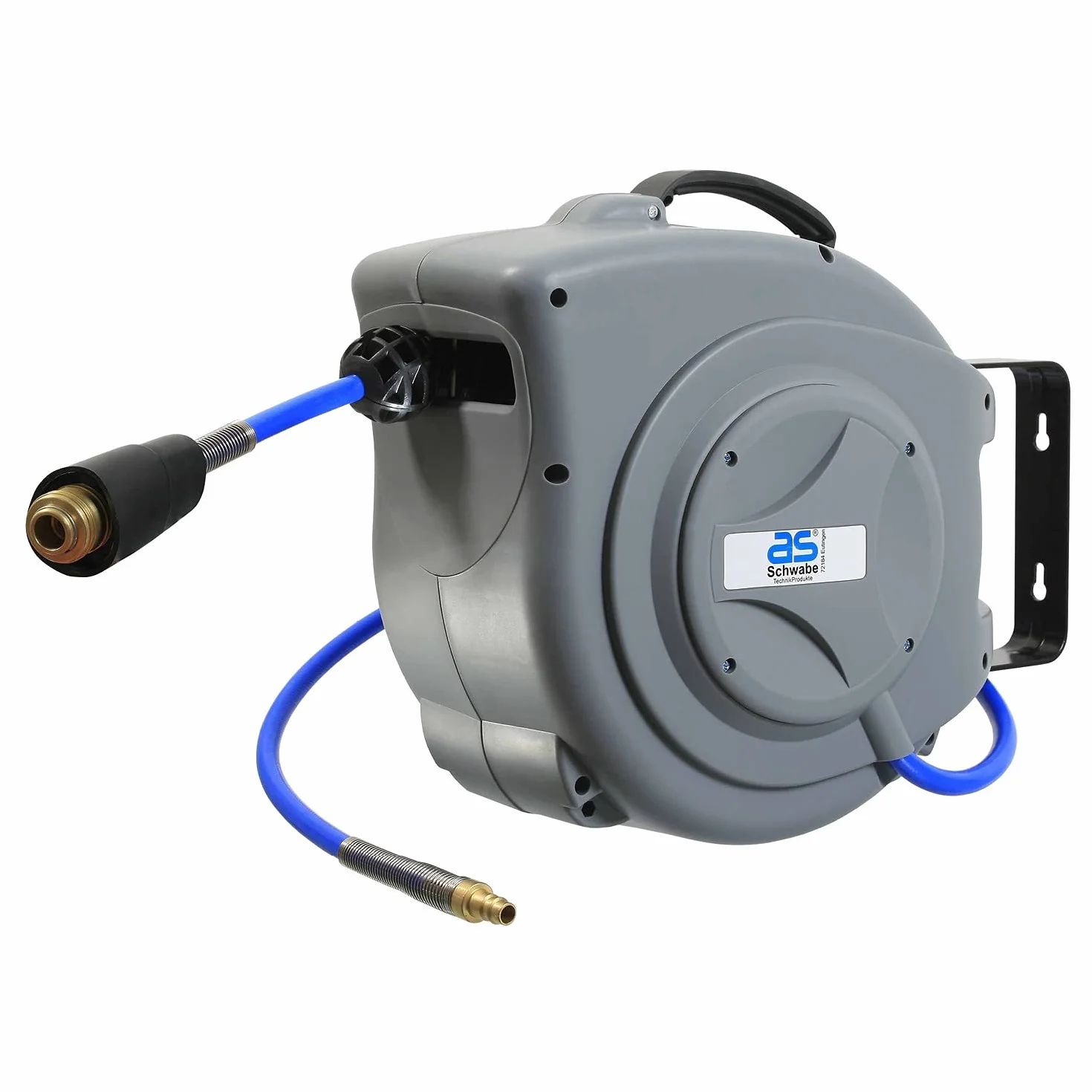 as - Schwabe Svvolgitubo professionale automatico per aria compressa - 15 m di tubo in PU e 1 m di tubo di collegamento, con arresto del tubo e attacco rapido, supporto a parete solido - grigio