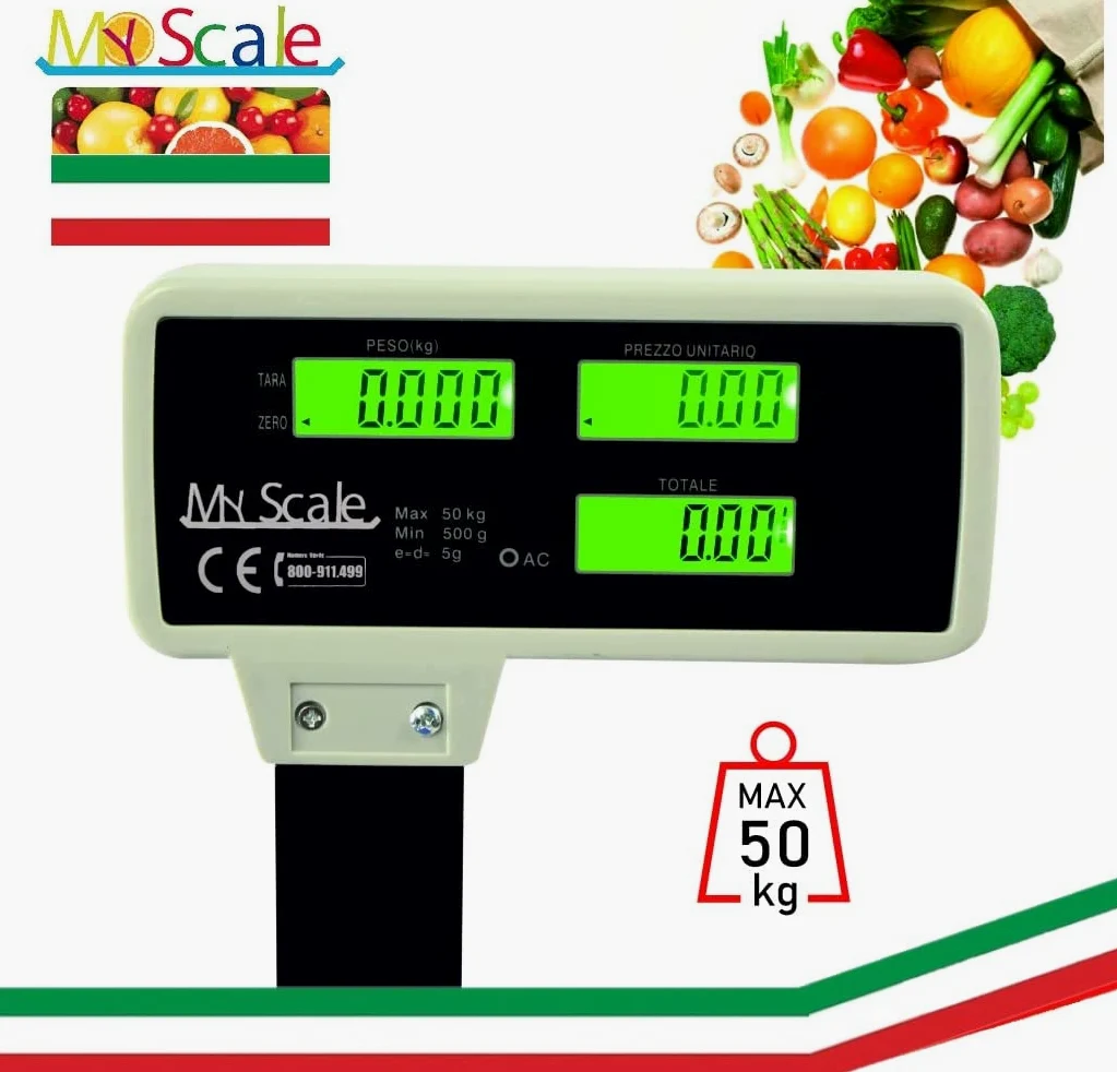 BILANCIA 50KG 5GR CON BRACCIO STAMPA SCONTRINO 6 DISPLAY 18 MEMORIE ALIMENTAZIONE A RETE E BATTERIA