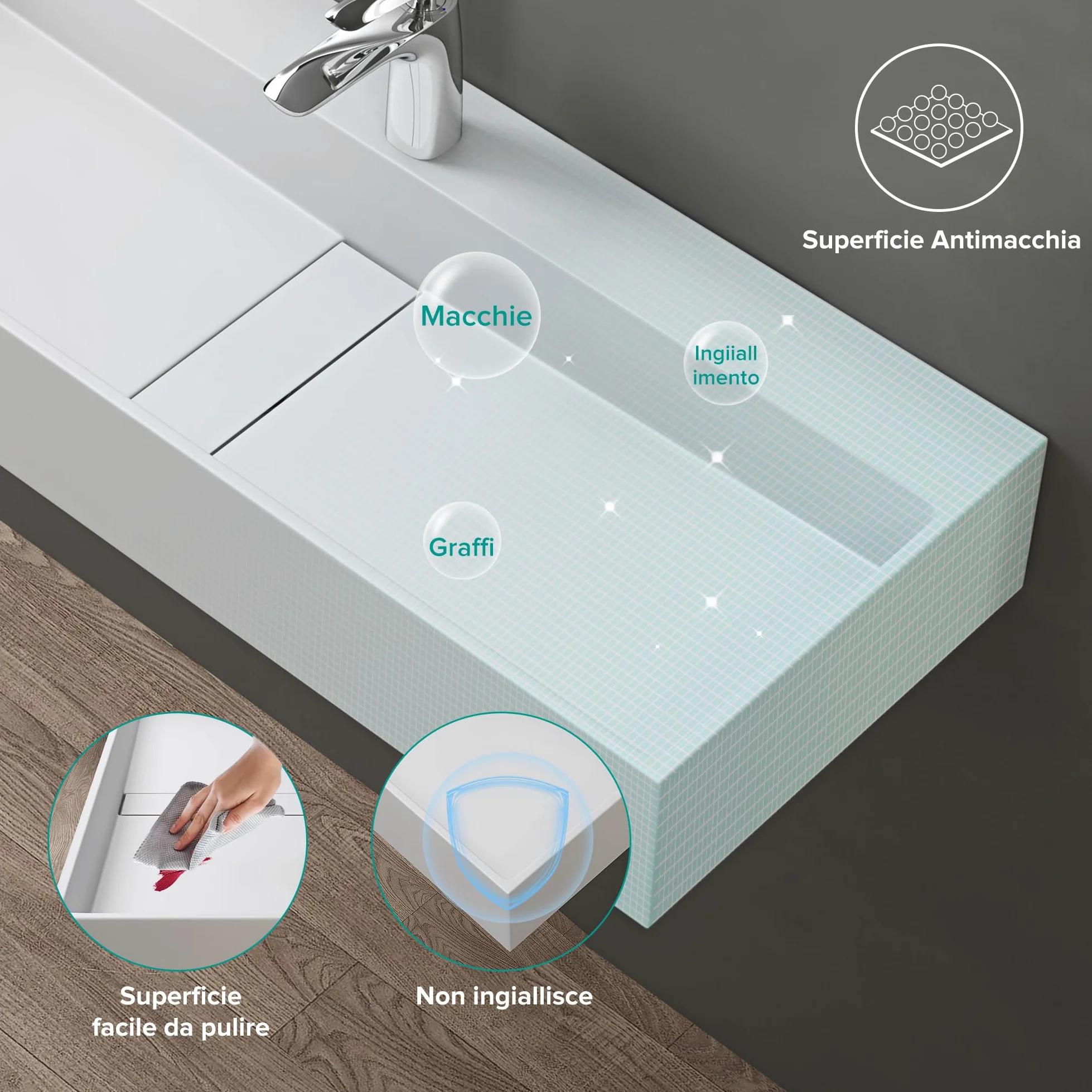 doporro Lavabo Bagno Sospeso Rettangolare Lavabo da Appoggio con Foro Rubinetto 80 x 40 x 14 cm Bianco Opaco Lavandino in Resina Minerale Ideale per Casa Ristorante e Hotel Design Colossum6028