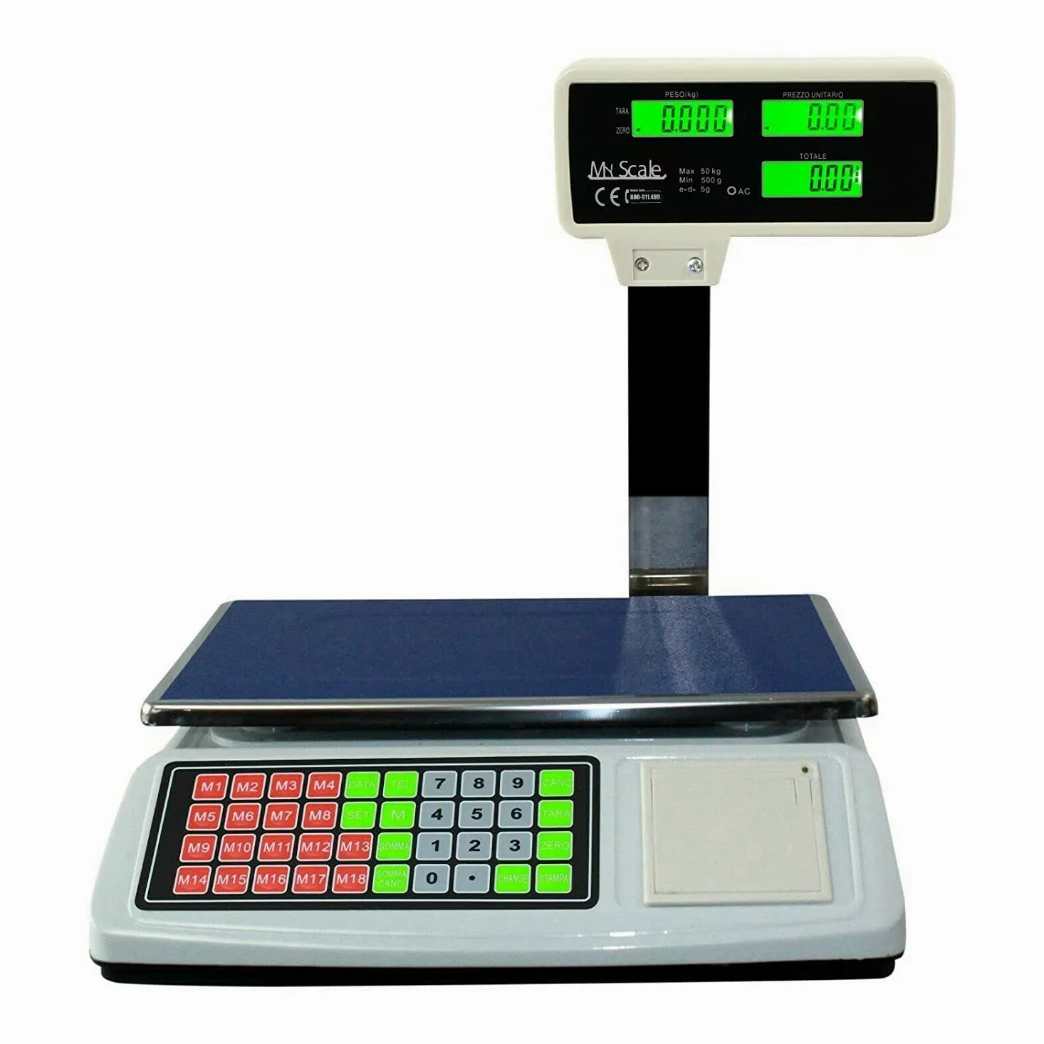 BILANCIA 50KG 5GR CON BRACCIO STAMPA SCONTRINO 6 DISPLAY 18 MEMORIE ALIMENTAZIONE A RETE E BATTERIA