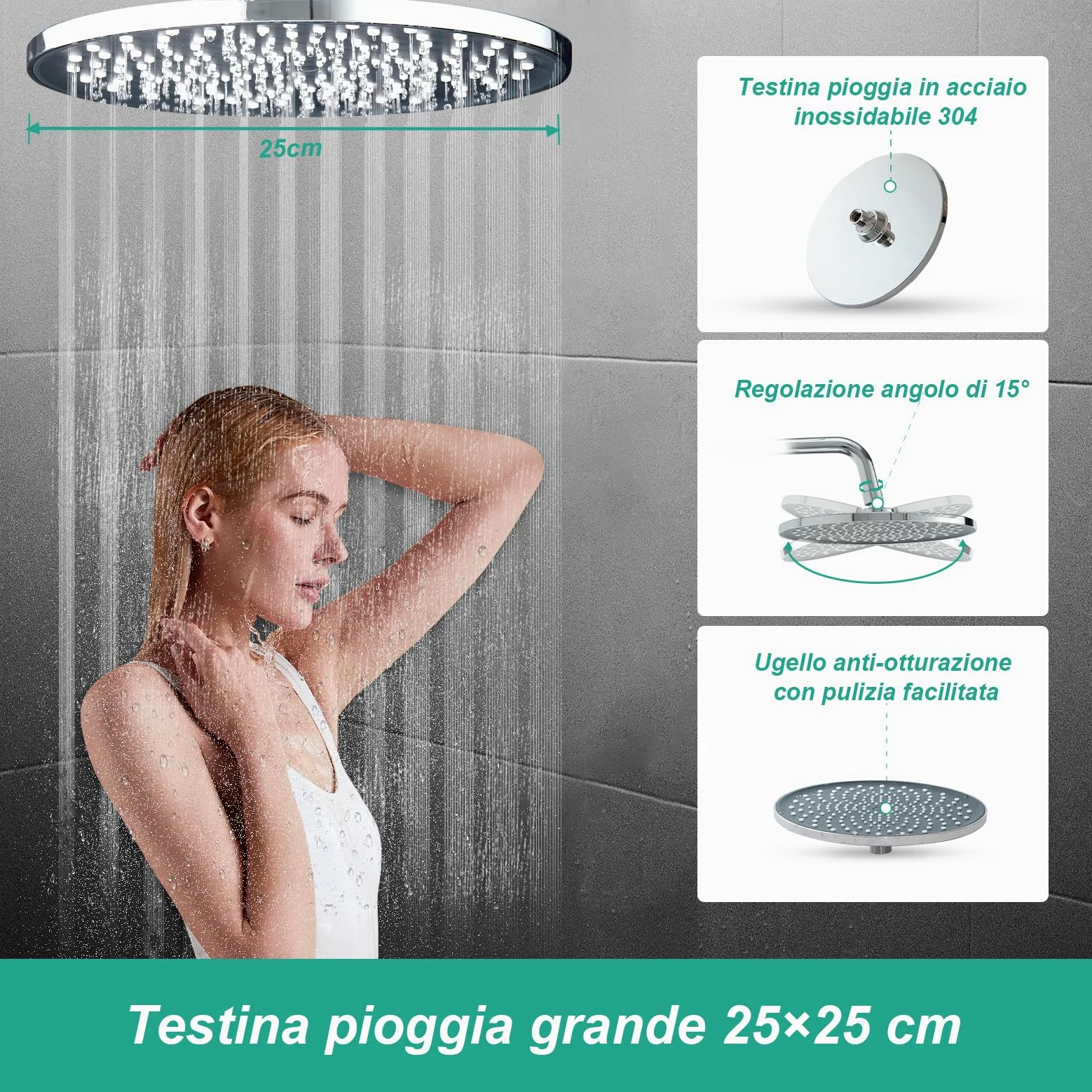 OFFO Colonna Doccia Senza Miscelatore, Asta Doccia Saliscendi con Soffione Rotonda 25x25cm e Doccetta 3 Getti, Asta Doccia Regolabile in Altezza 86-120cm, Tubo Acciaio Inox Antitorsione 1.6m, Cromo