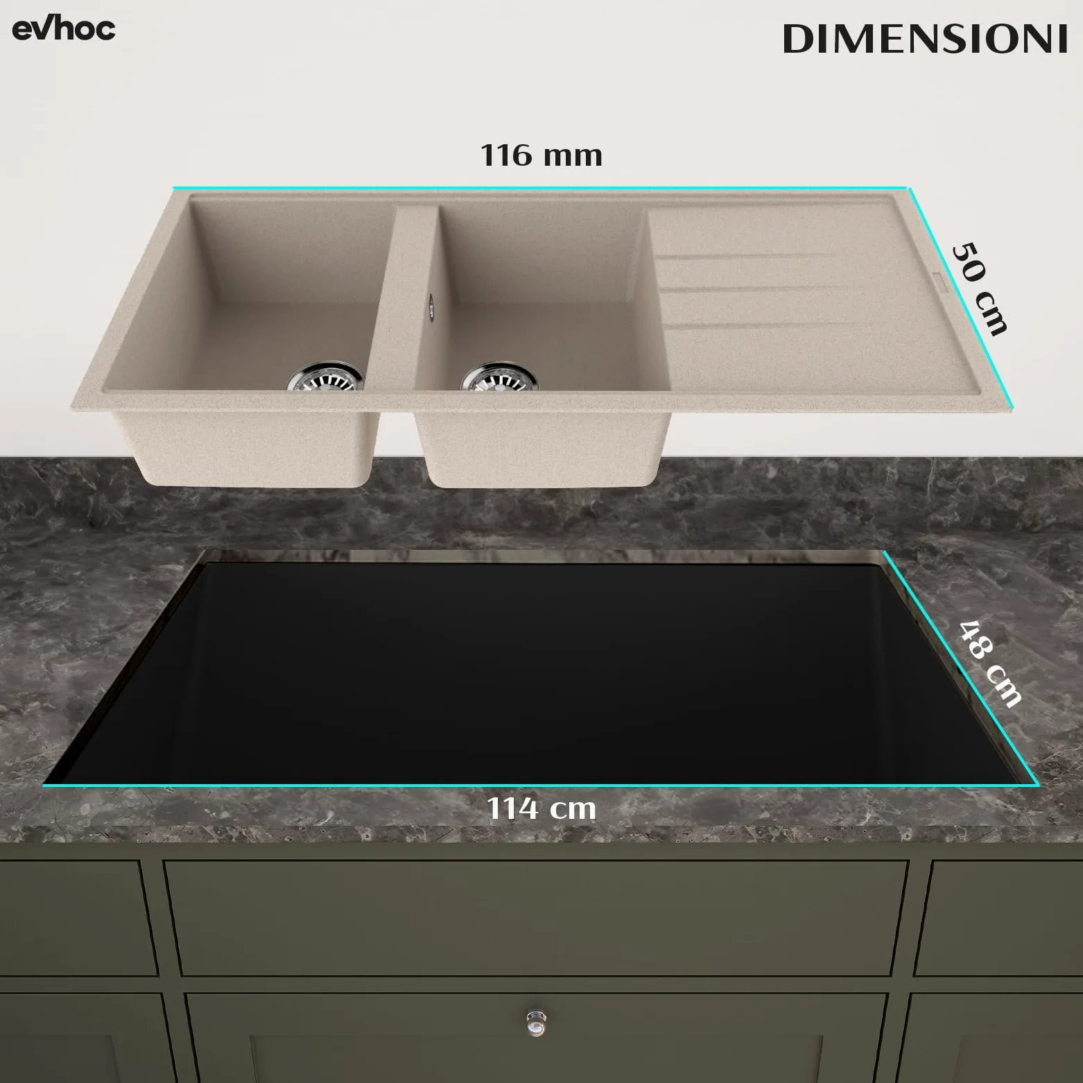 EVHOC Lavello Sopratop 116x50 cm, 2 Vasche con Gocciolatoio, Lavandino Reversibile per Cucina, Piletta Inclusa, Made in Italy, Avena, ADHOC L