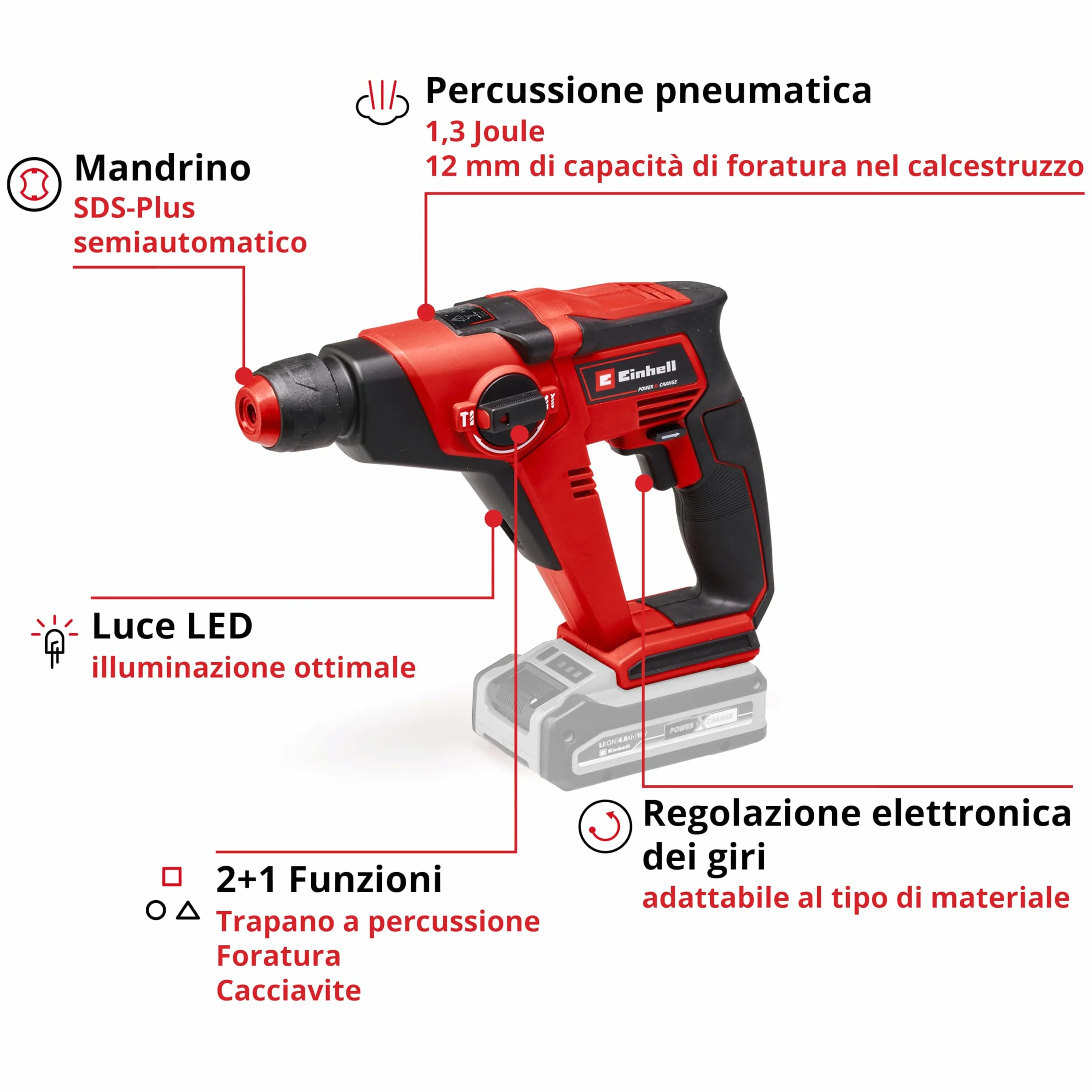 Einhell tassellatore a batteria TE-HD 18/12 Li - Solo Power X-Change (Bit Adapter incluso nella dotazione di consegna, 1,3 Joule, SDS+, 12 mm su cemento)