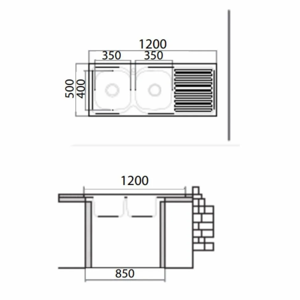 Lavello cucina due vasche con gocciolatoio sx acciaio da appoggio 50x120 cm