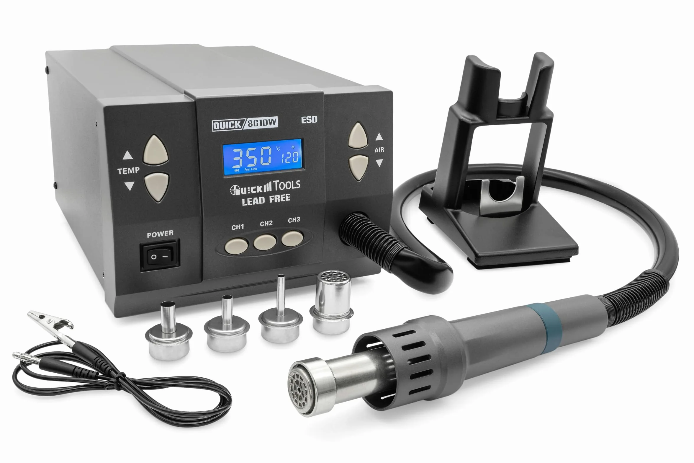 QUICK QU861DW - Stazione saldante professionale ad aria calda, regolabile, 1000 Watt, intervallo di temperatura 100-500 °C, SMD, funzione di calibrazione, standby, sistema di raffreddamento automatico