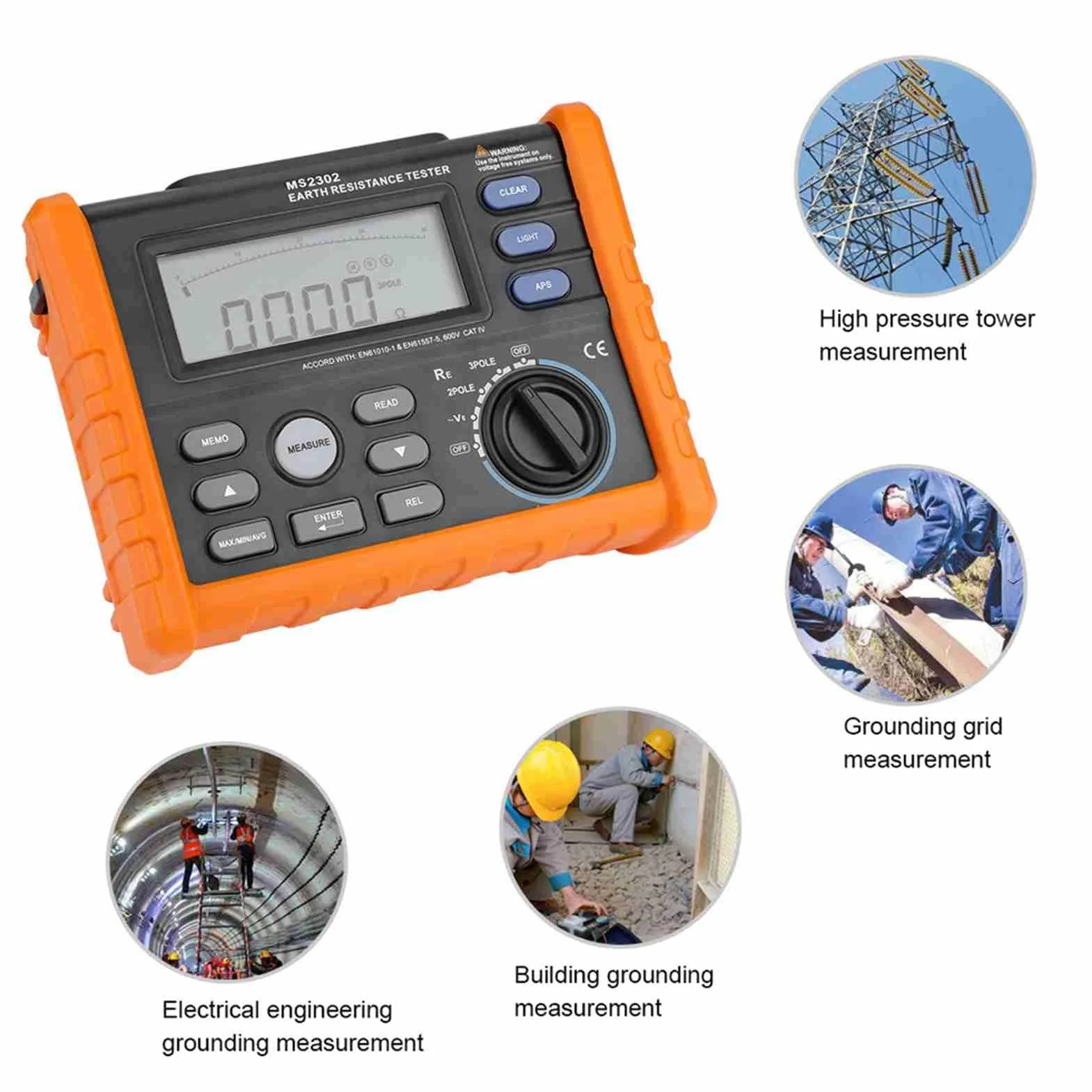 PEAKMETER MS2302 Tester Ohm per Asta di Messa a Terra Digitale, Misuratore Analogico Tester di Resistenza di Terra, 0~4K Ohm 100 Gruppi Registrazione Dati con Display LCD