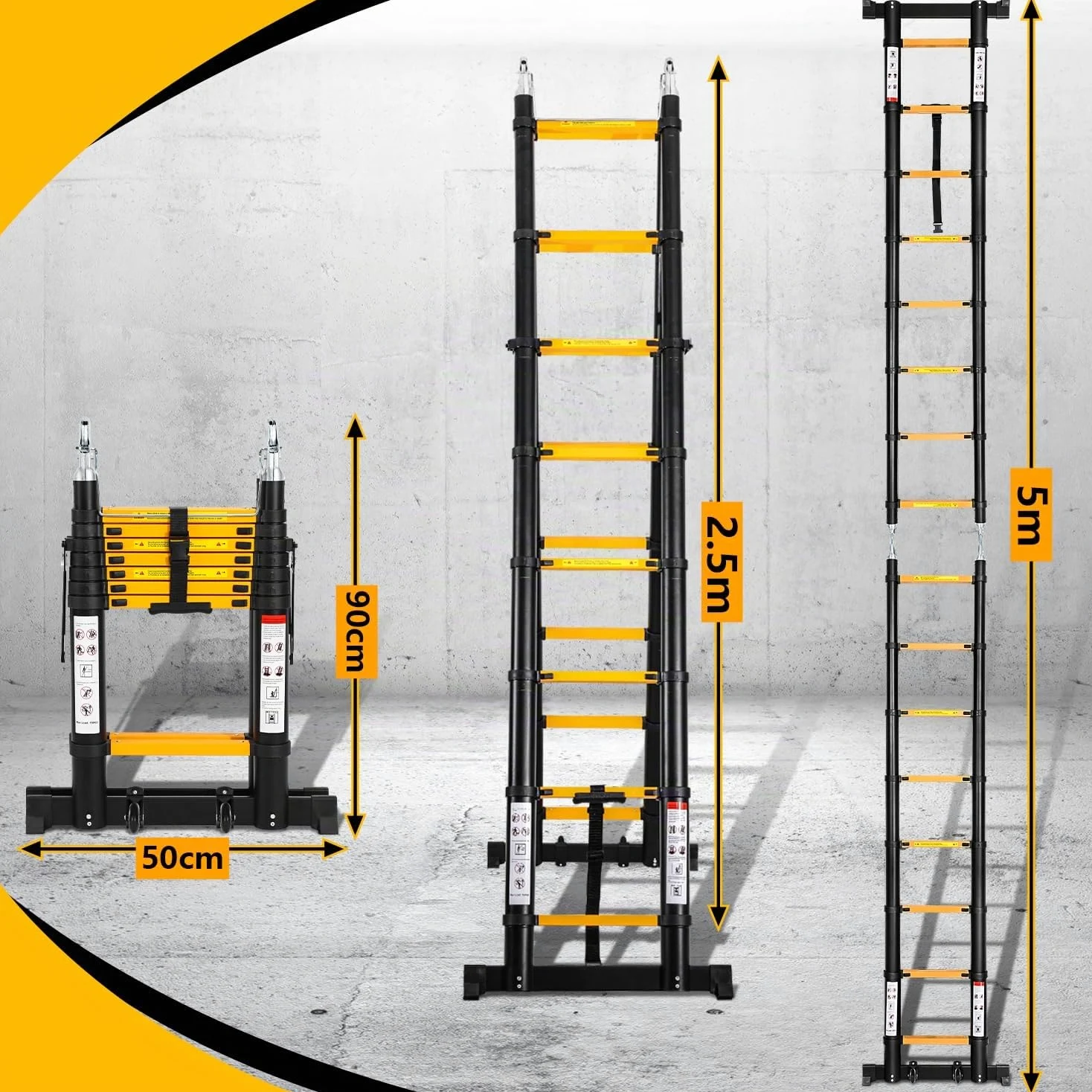 Eulenke Scala telescopica in alluminio 5 m / 2,5m + 2,5m, scala pieghevole con bilanciere e ruote, scala retrattile portata 150 kg, scala pieghevole salvaspazio, antiscivolo, nero e giallo