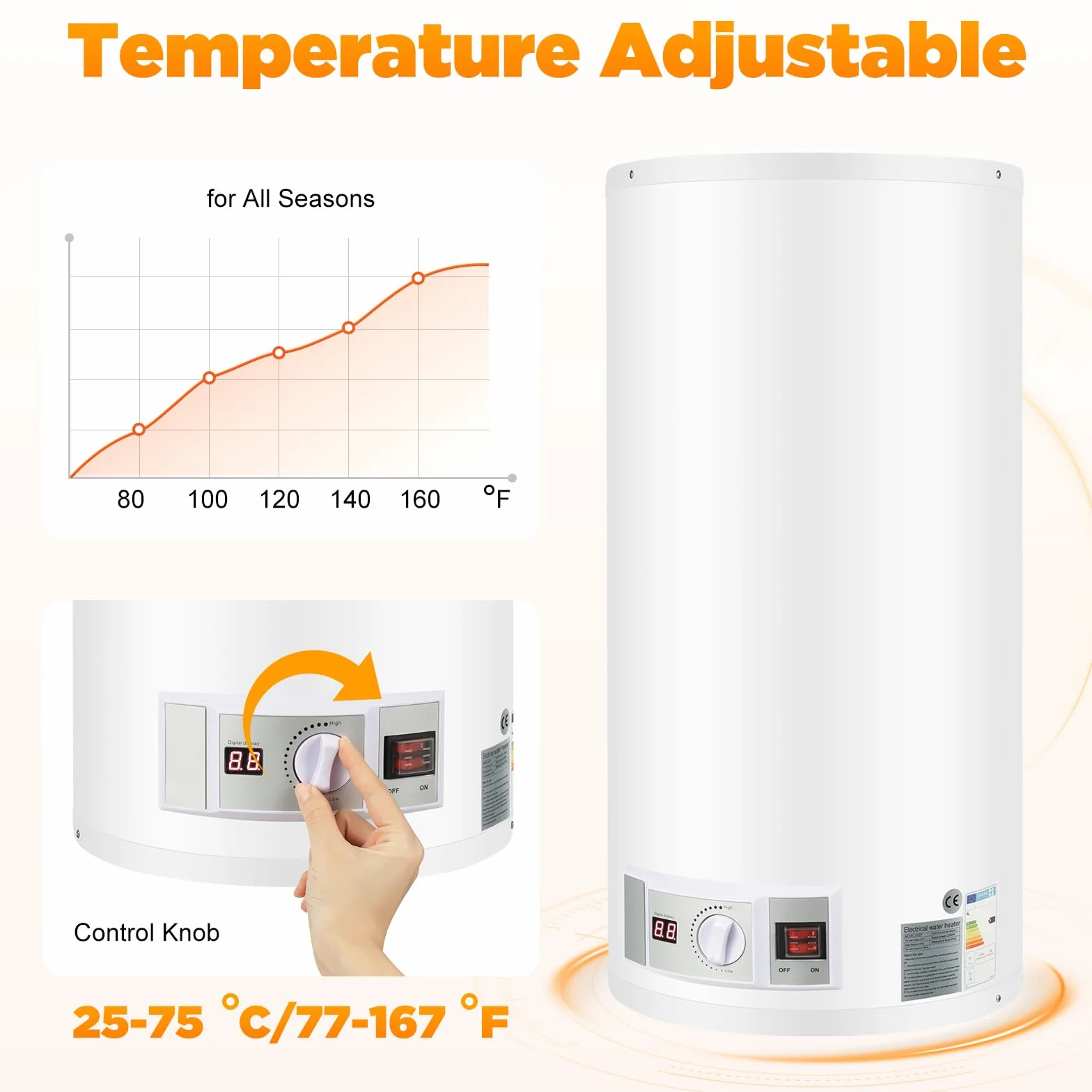 Serbatoio acqua calda elettrica 2000 W Smart Boiler a parete scaldabagno 80 L incl. valvola di sicurezza, soffione doccia e tubo, IPX4, temperatura di riscaldamento 25-75 ℃