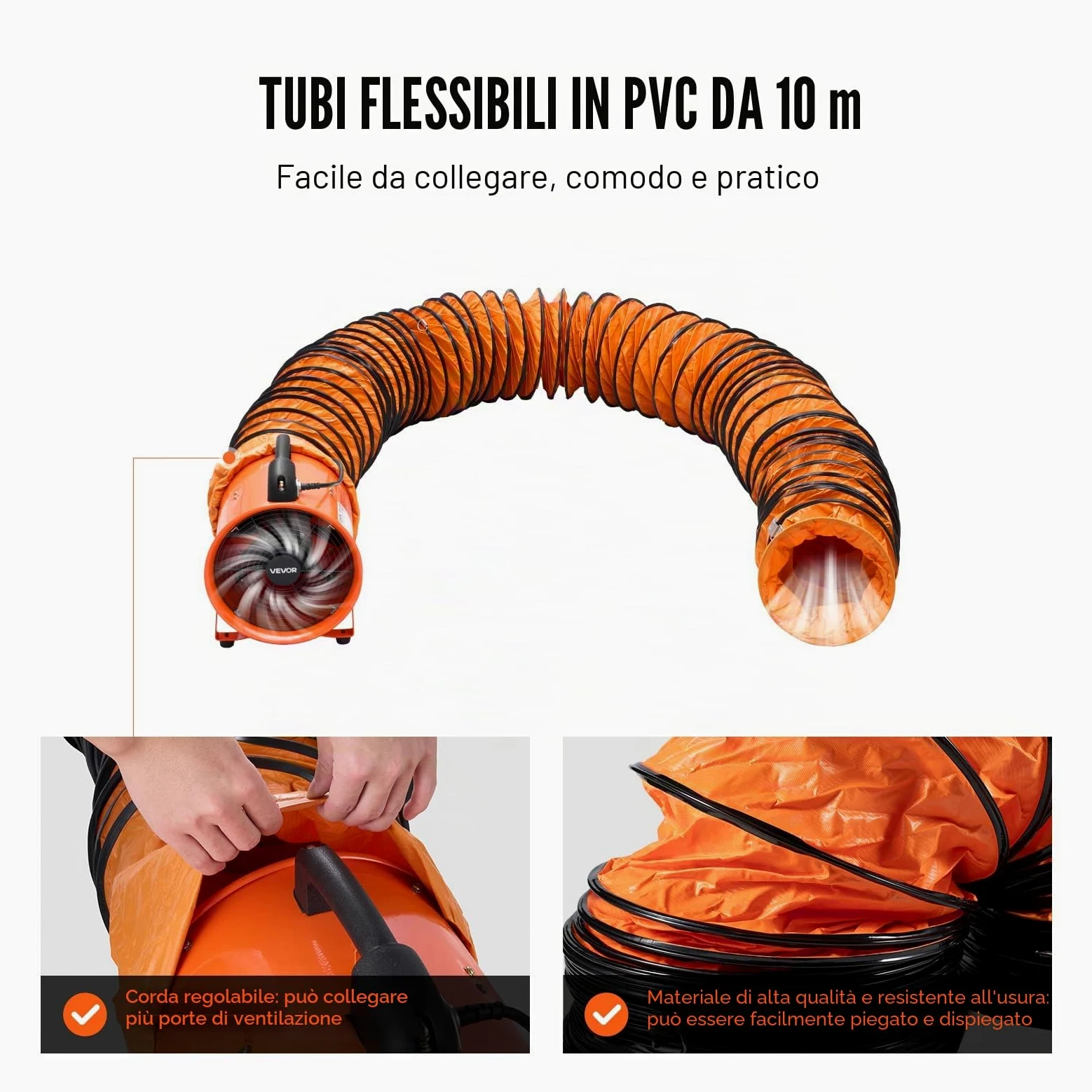 VEVOR Ventilatore Portatile, 300W Estrattore d'Aria Condotto Aspiratore Industriale 254 mm, Tubo Flessibile 10 m Volume d'Aria 1720 CFM (2922 m3/h) 2 Marce per Aspirare Polvere Fumo Impermeabile IP44
