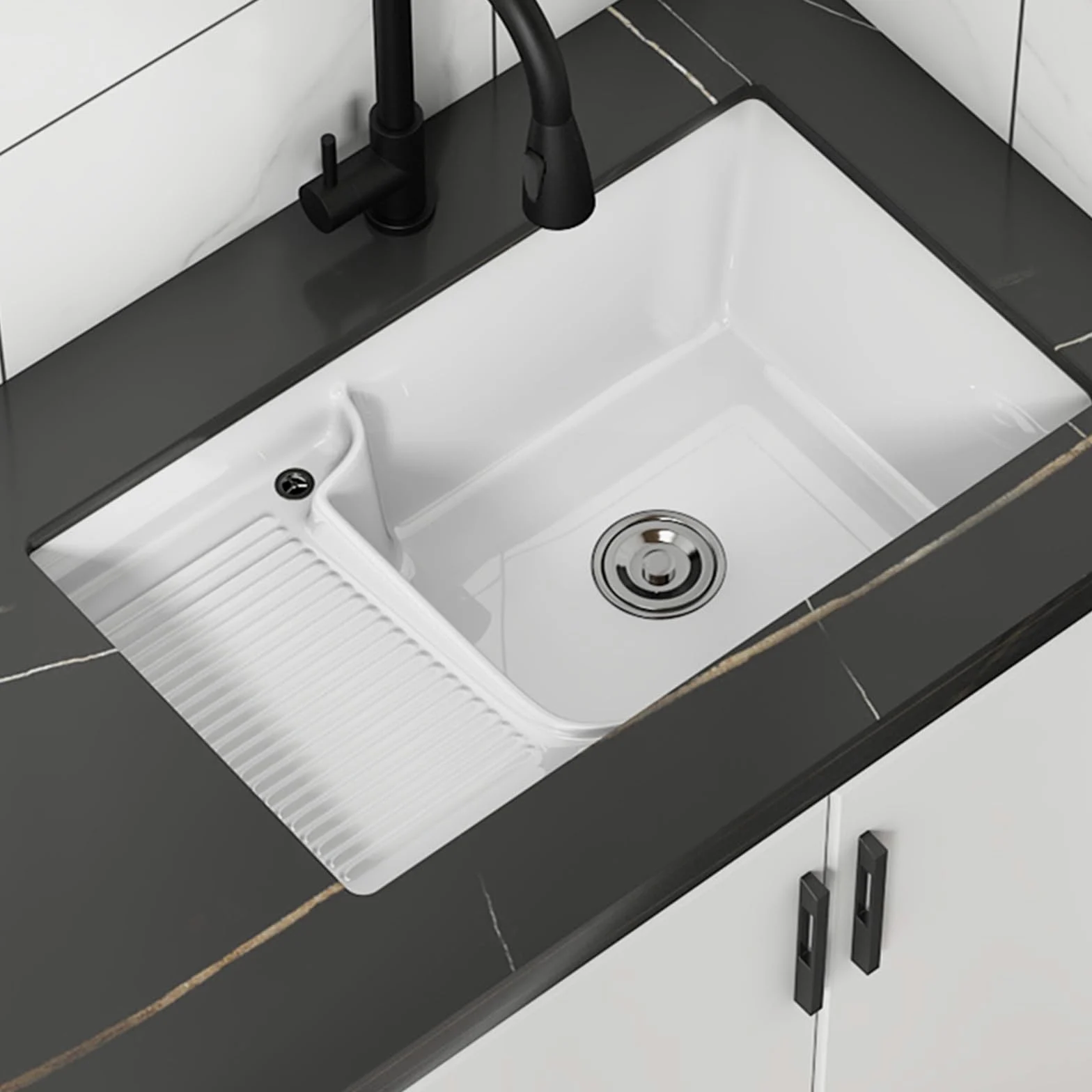 Lavandino per Il Bagno,lavatoio Lavanderia,Lavabo da Incasso in Ceramica con Assicella,con gocciolatoio e Tubo di Scarico, Adatto per bagni, WC, balconi e Cortili Esterni (Size : 74 * 42)