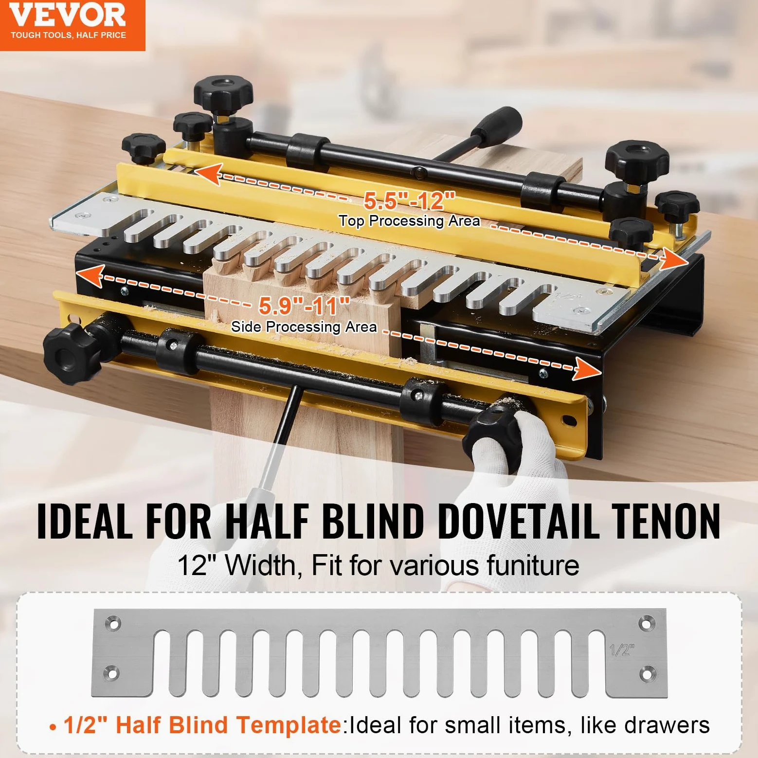 VEVOR Dima per Fresatrice a Coda di Rondine Larghezza 140-310 mm, Dima a Coda di Rondine Utensile per Lavorazione del Legno Spessore 40 mm con Fresa da 12,7 mm, Progetto di Piccoli Mobili