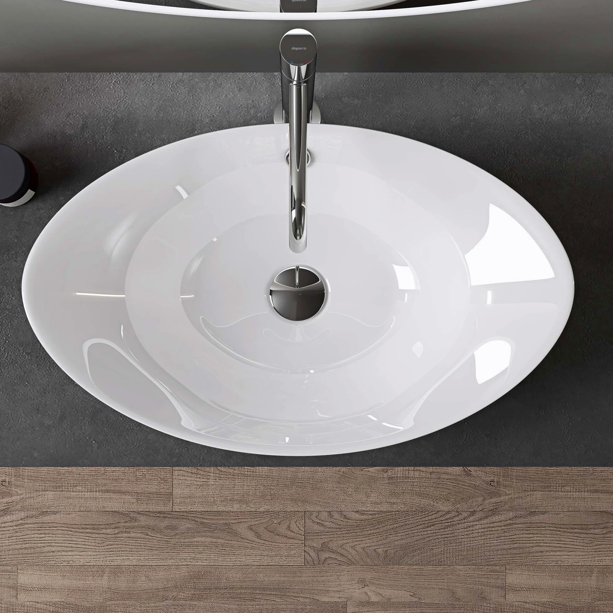 doporro Lavabo Ovale da Appoggio in Ceramica Bianco Lucido 59x38,3x19,2 cm, Lavandino Bagno con Troppopieno Effetto Loto Brüssel818