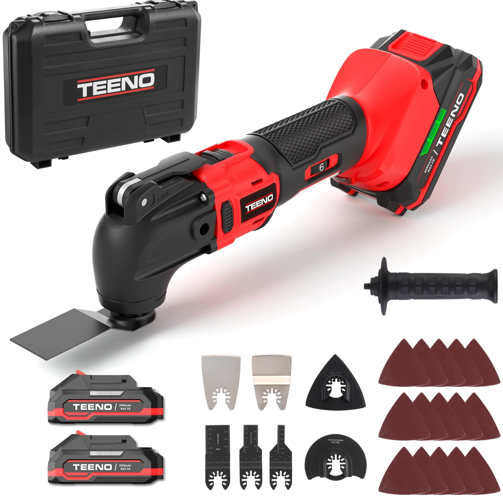 TEENO Multiutensile oscillante, 20V Brushless strumento multifunzione con 6 velocità, 8500-21000 giri/min, 25 accessori, strumenti oscillanti per tagliare, levigare e lucidatura (2*batterie)