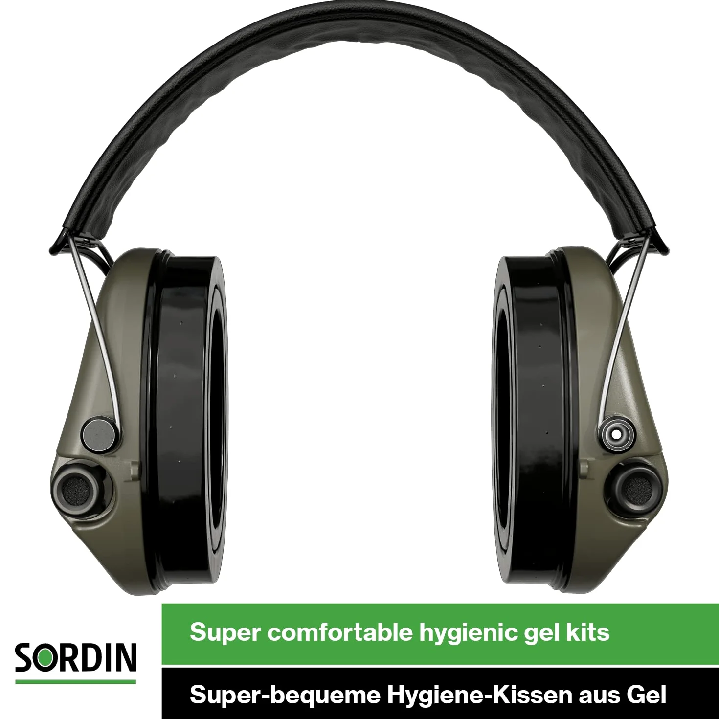 Sordin Pro-X LED Protezioni acustiche a capsula 75302-X/L-07-S - EN 352 - Cuscino in gel, Cinturino in pelle & capsule verdi