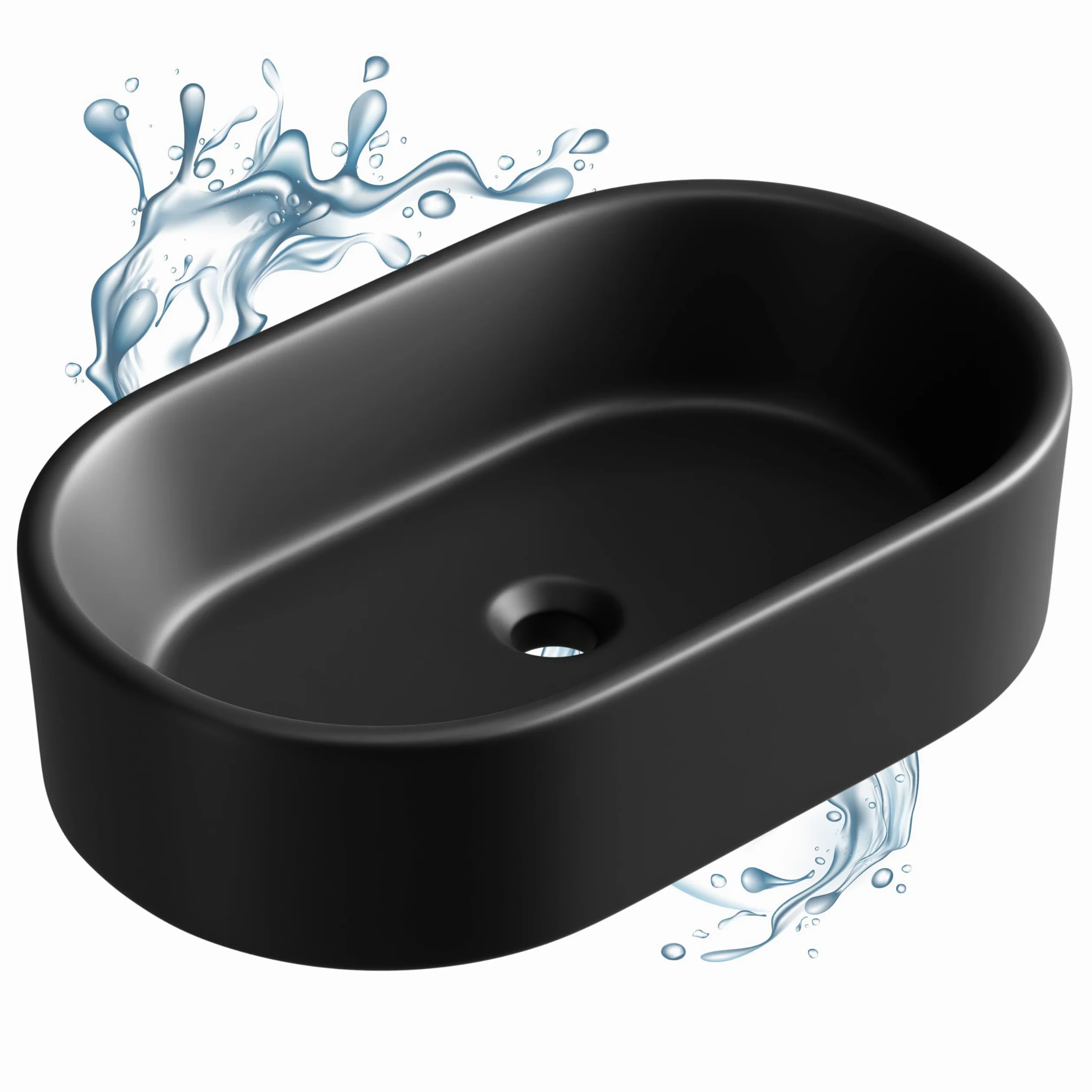 Planetmöbel Aquil Elegante lavabo ovale | Lavabo da appoggio per bagno e WC degli ospiti | Lavabo a mano senza foro per rubinetto e troppopieno, nero, 55 x 34 x 14 cm