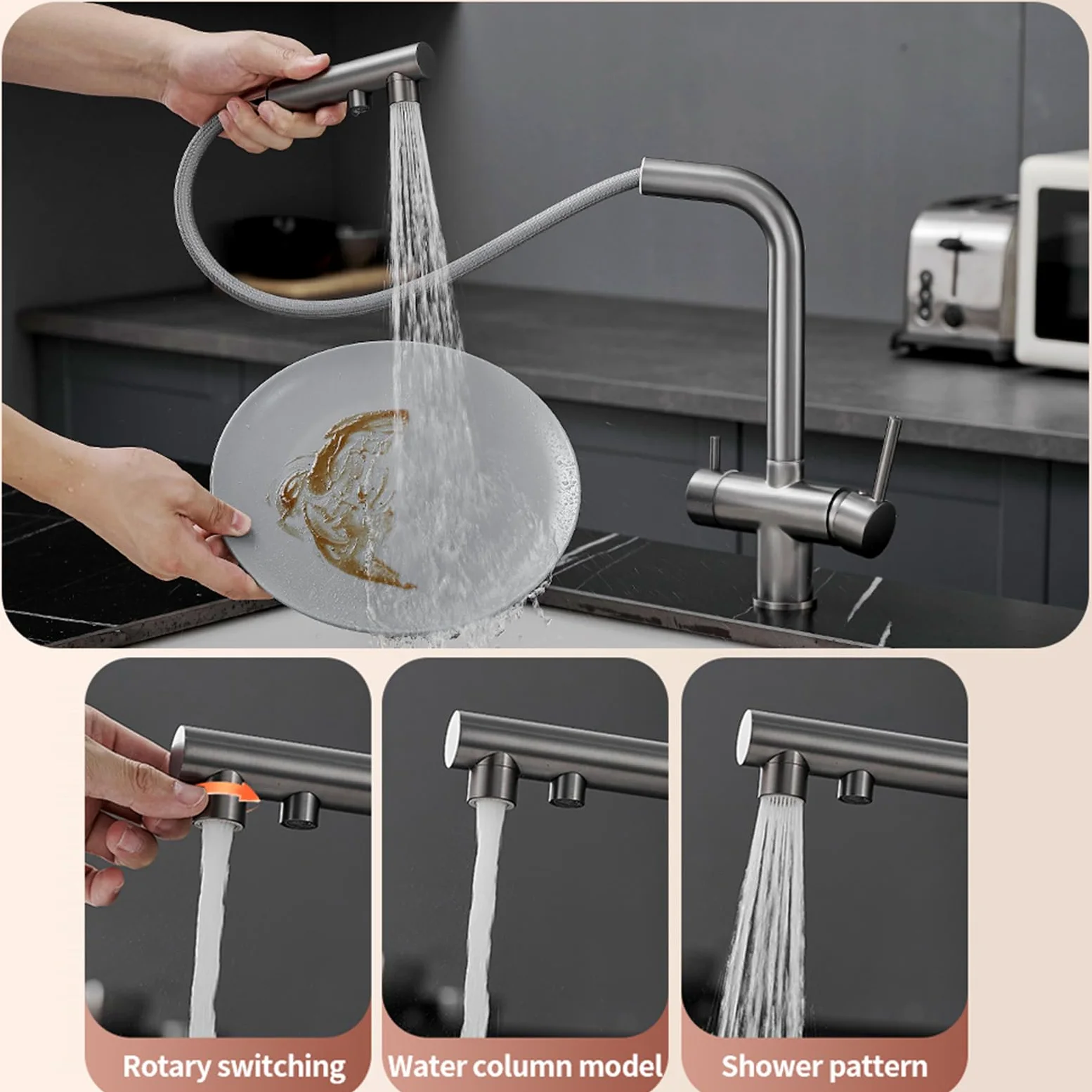 XJTNLB Rubinetto Lavello Cucina 3 Vie con Doccetta Estraibile Spazzolato Rubinetto Depuratore Acqua con Doppia Leva Miscelatore 3 Vie Cucina