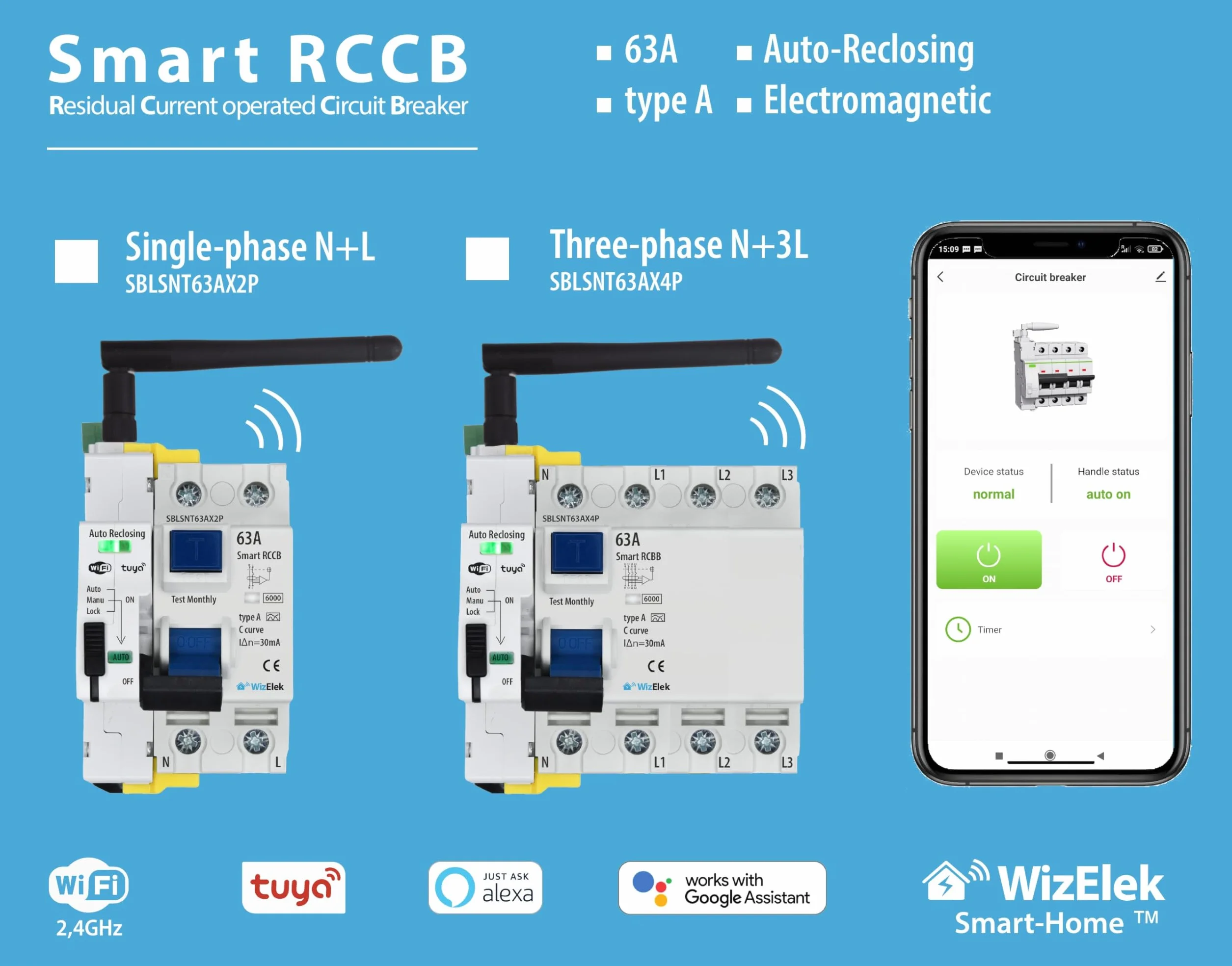 Smart-Home Salvavita Wi-Fi Tuya con Riarmo Automatico 4P Trifase 63A 30mA Tipo A&AC – Controllo Remoto – 5 Moduli DIN – RCCB EN 61008-1