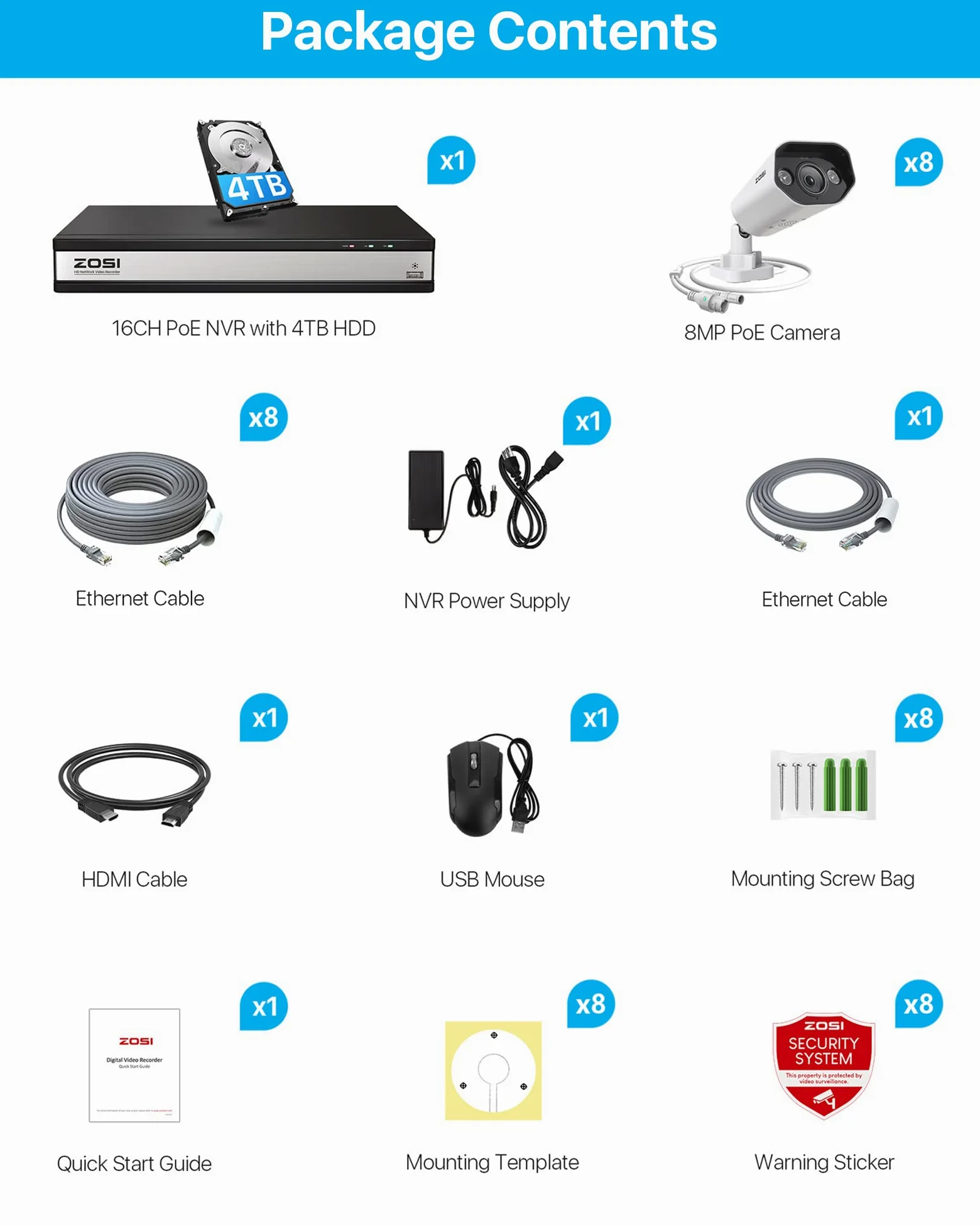ZOSI 5MP Kit di videosorveglianza PoE Esterno, 16CH 4K NVR con 4TB HDD, 8x 5MP Telecamera PoE, AI Rilevamento di Persone e Veicoli, Audio Bidirezionale, Visione Notturna a Colori, C182